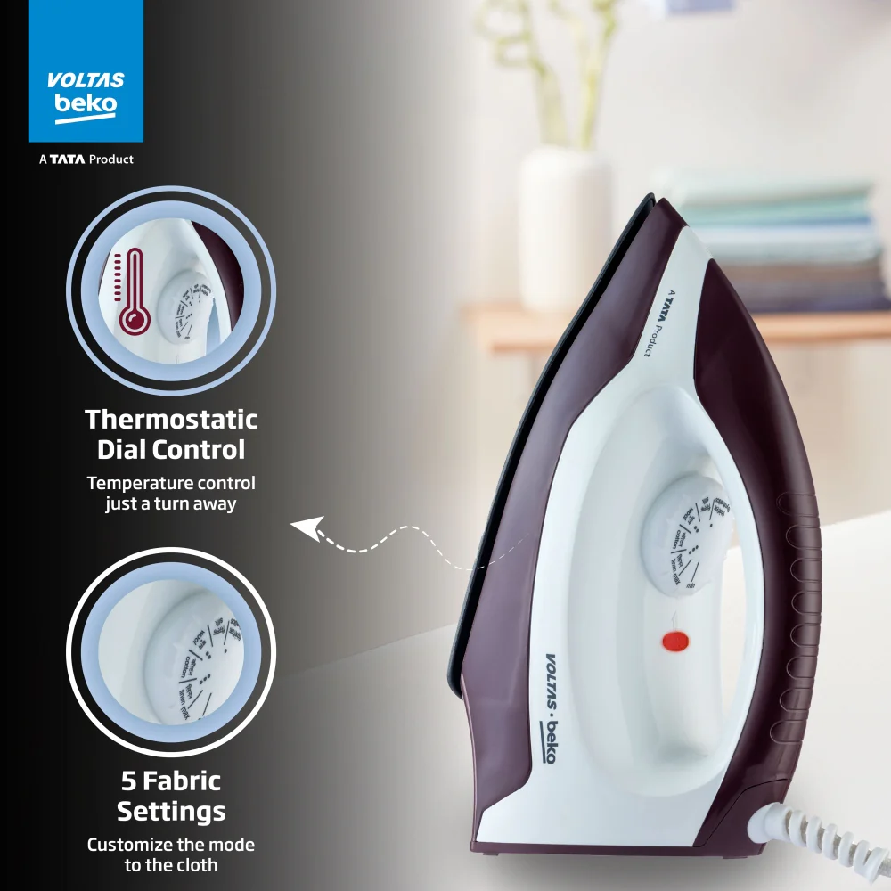 1000 W Dry Iron (I1000VD-BGWH, Burgundy-White, with Crease-busting Greblon Soleplate) , Voltas Beko, A Tata Product - Image 4
