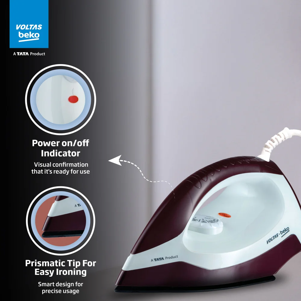 1000 W Dry Iron (I1000VD-BGWH, Burgundy-White, with Crease-busting Greblon Soleplate) , Voltas Beko, A Tata Product - Image 5