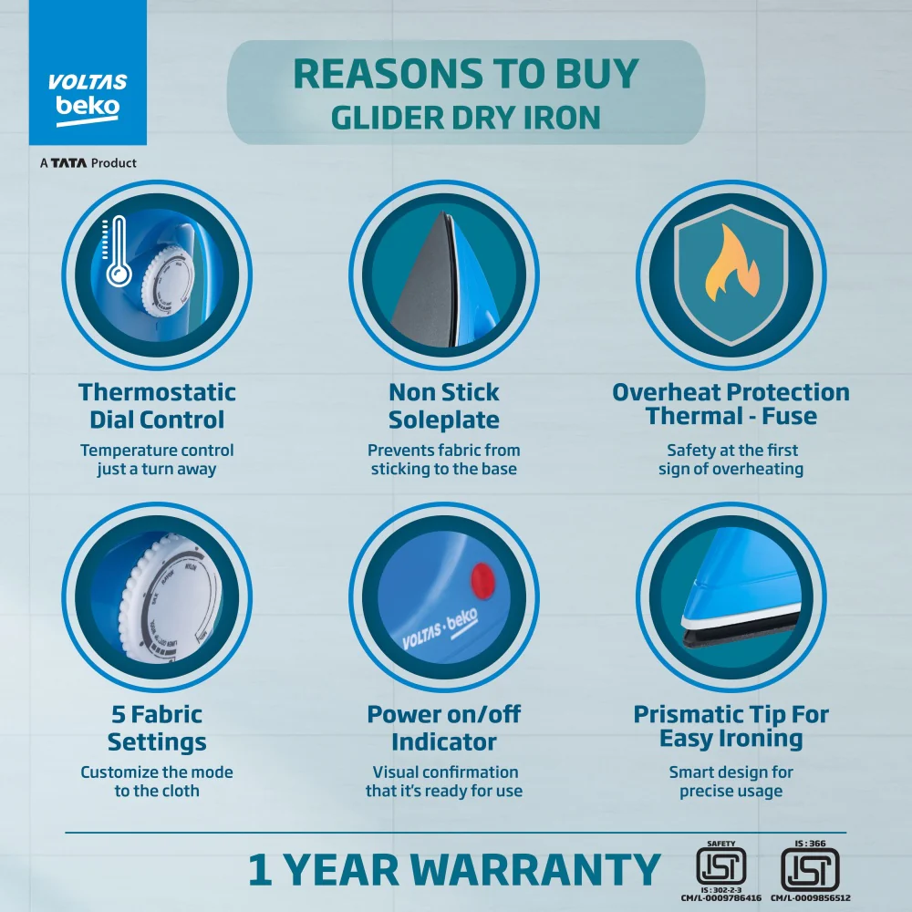 1000 W Dry Iron (I1000VD-BU, Blue, with Crease-busting Greblon Soleplate) , Voltas Beko, A Tata Product - Image 3