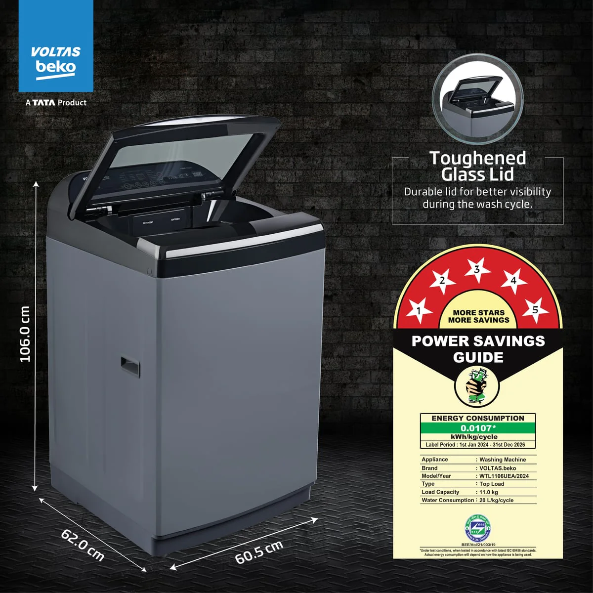 11 Kg 5 Star Fully-Automatic Top Loading Washing Machine (WTL1106UEA / OBS1060, Grey, Double Waterfall Technology) , Voltas Beko, A Tata Product - Image 3