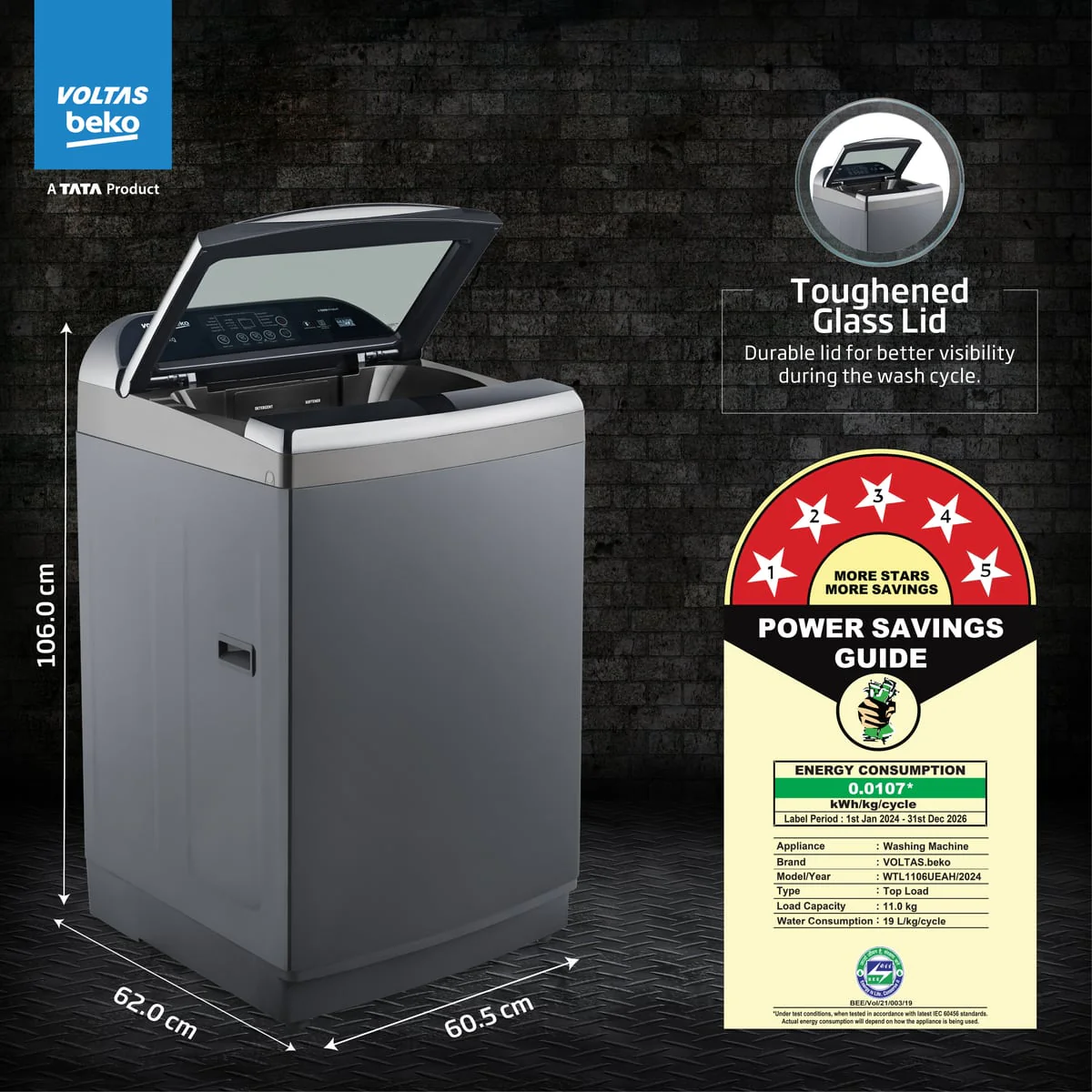 11 Kg 5 Star Fully-Automatic Top Loading Washing Machine (WTL1106UEAH / OBS3060, Dark Grey, Inbuilt Heater) , Voltas Beko, A Tata Product - Image 3