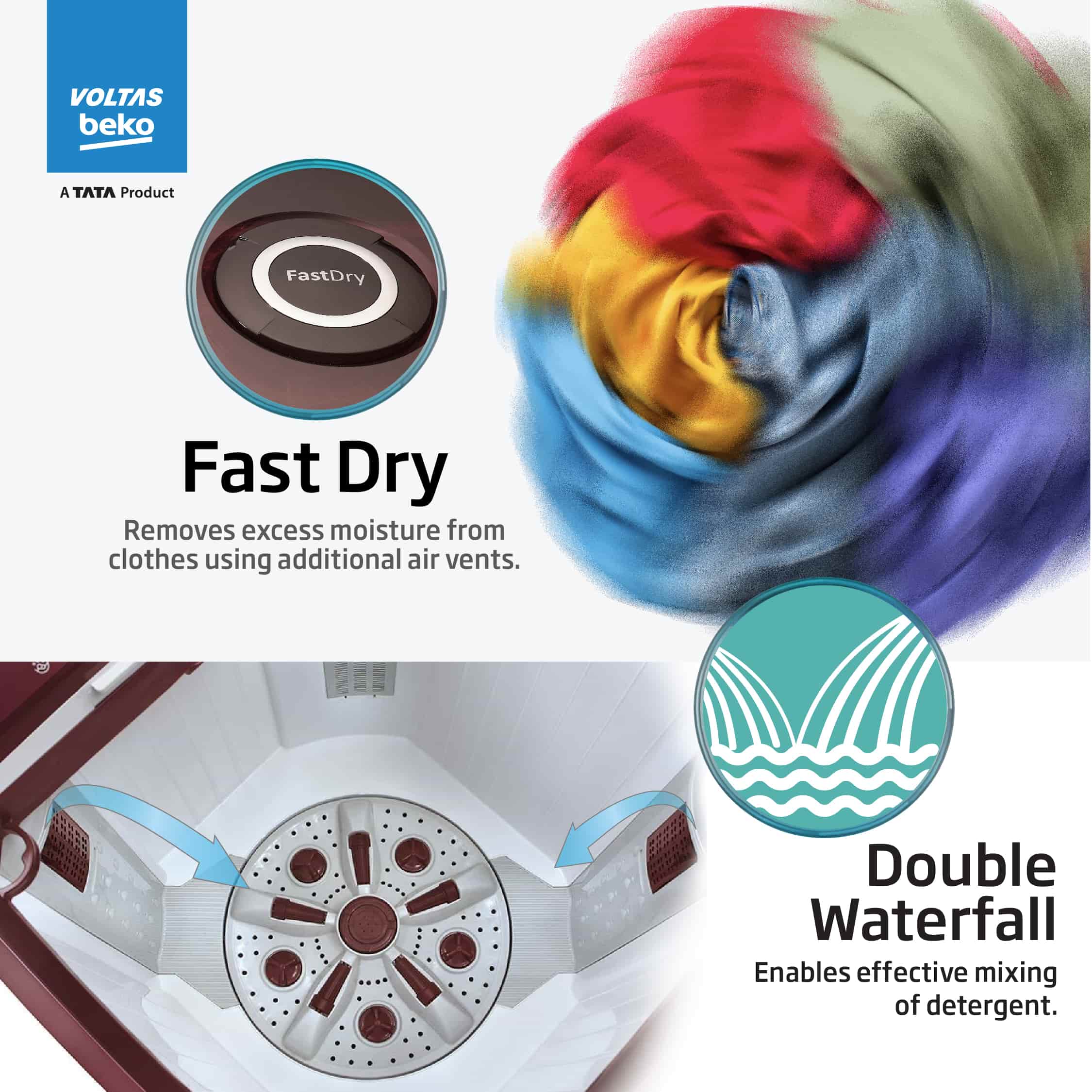 12 Kg 5 Star Semi Automatic Washing Machine (WTT120ABRT, Burgundy) , Voltas Beko, A Tata Product - Image 3