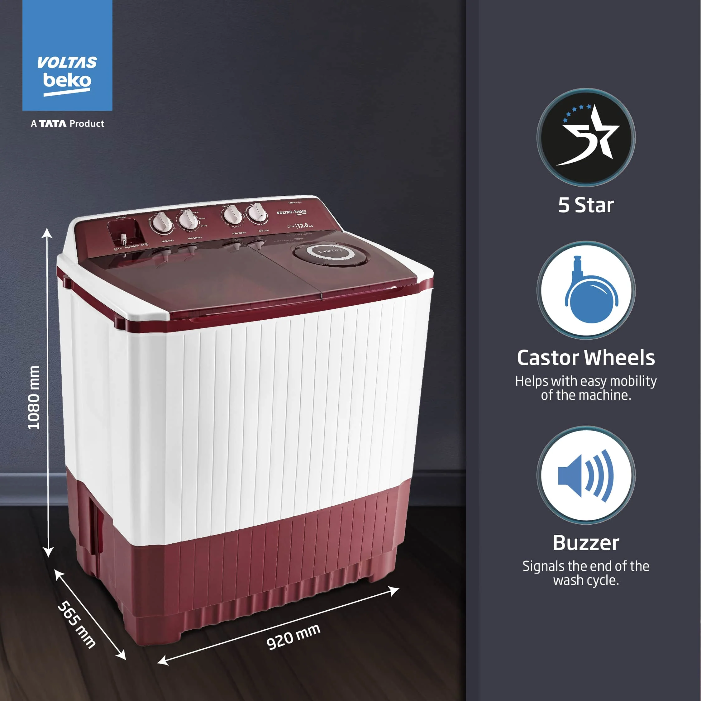 12 Kg 5 Star Semi Automatic Washing Machine (WTT120ABRT, Burgundy) , Voltas Beko, A Tata Product - Image 5