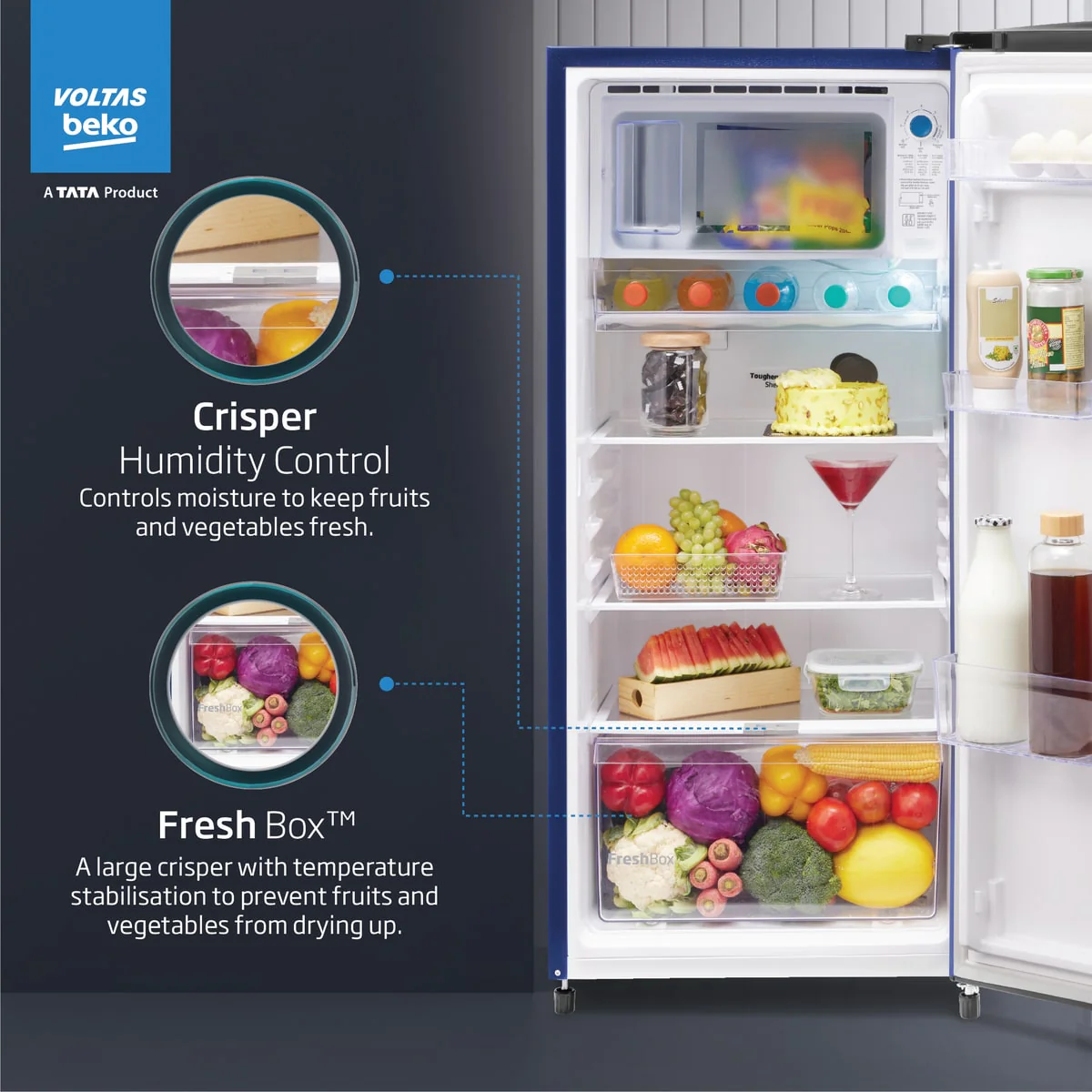 183 L 2 Star Direct Cool Single Door Refrigerator (RDC215D/S0WBR0M0000GO, Stella Blue, With Fresh Box Technology and Chiller Zone) , Voltas Beko, A Tata Product - Image 4