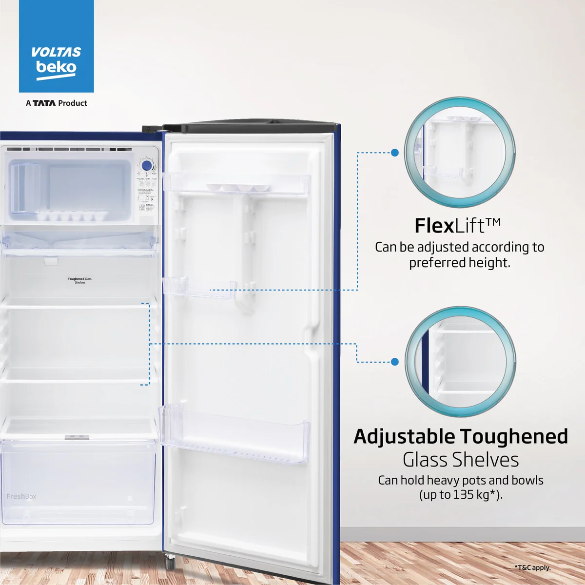 183 L 2 Star Direct Cool Single Door Refrigerator (RDC215D/S0WBR0M0000GO, Stella Blue, With Fresh Box Technology and Chiller Zone) , Voltas Beko, A Tata Product - Image 5