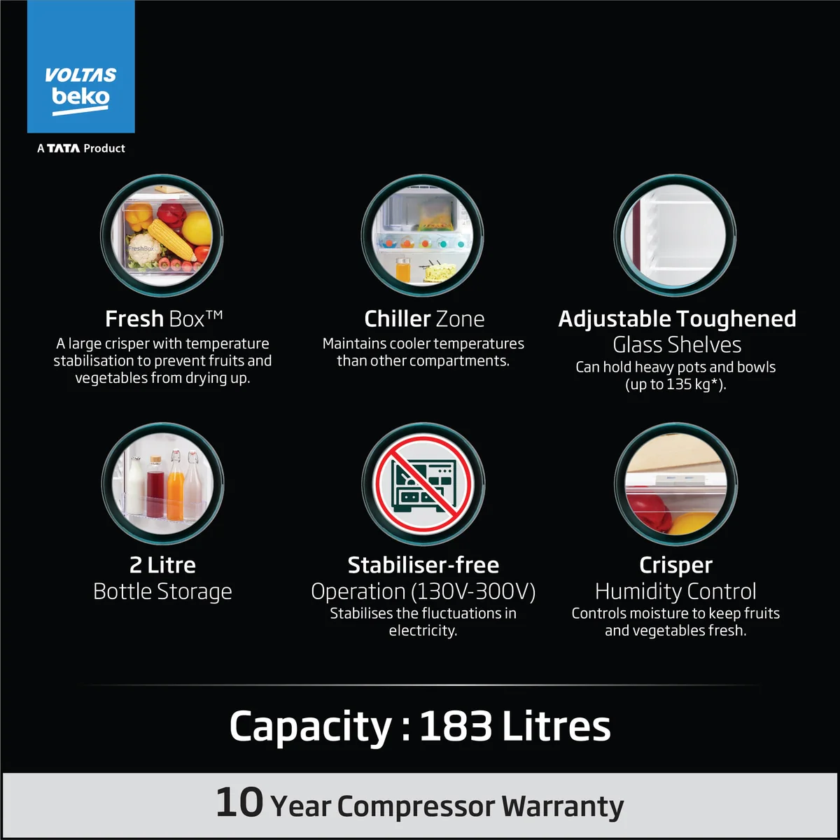 183 L 2 Star Direct Cool Single Door Refrigerator (RDC215D/S0XWR0M0000GO, Wine,Crisper Humidity Controller) , Voltas Beko, A Tata Product - Image 2