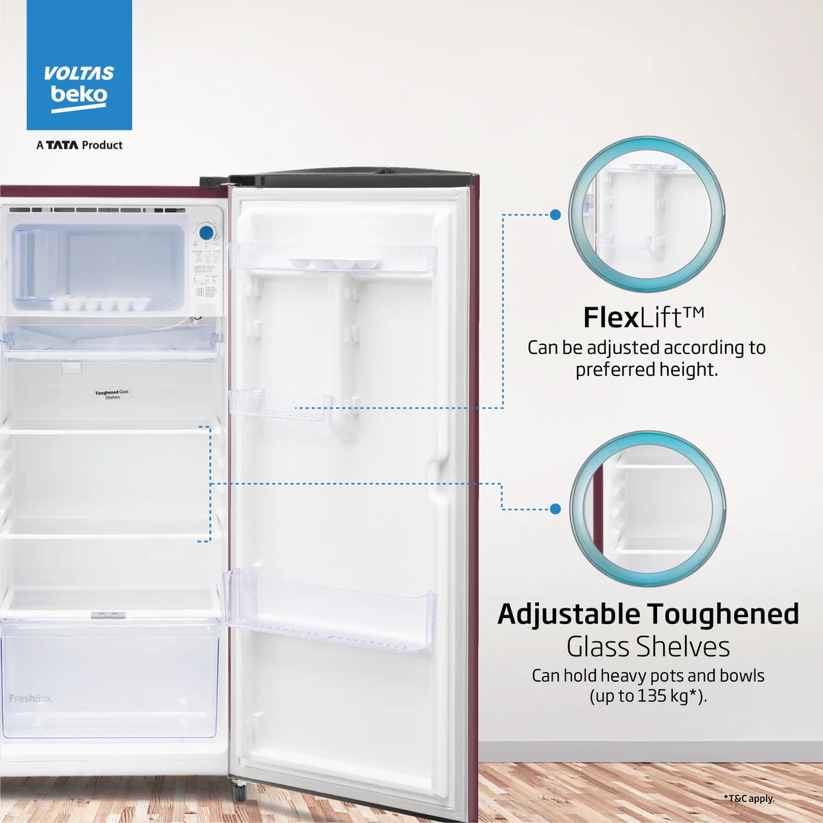 183 L 2 Star Direct Cool Single Door Refrigerator (RDC215D/S0XWR0M0000GO, Wine,Crisper Humidity Controller) , Voltas Beko, A Tata Product - Image 4