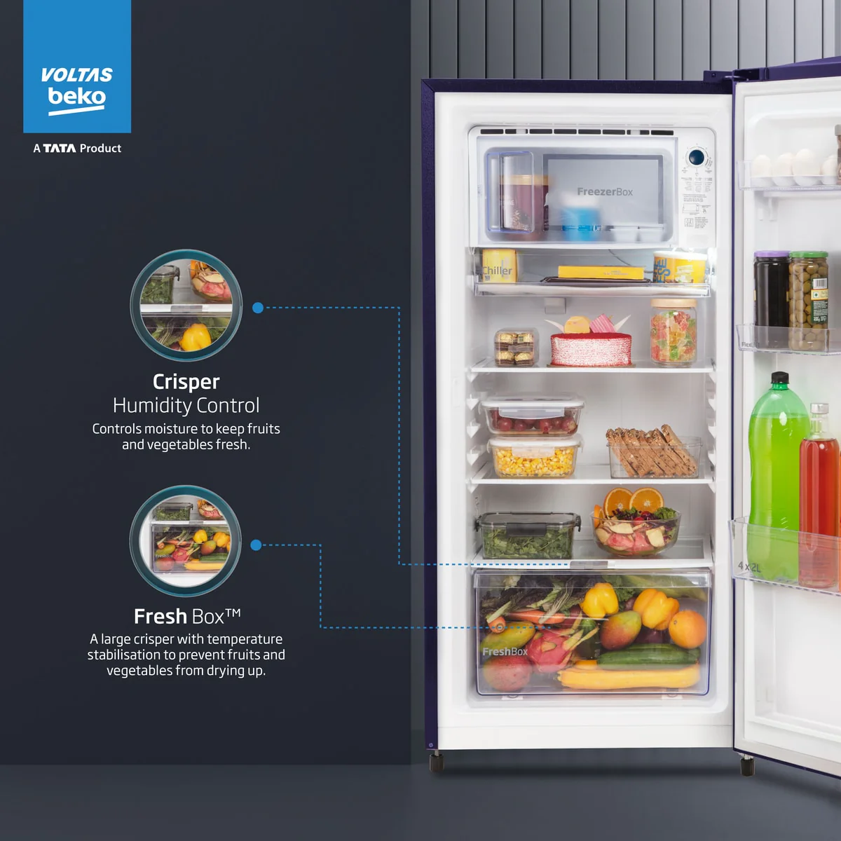 183 L 3 Star Direct Cool Single Door Refrigerator ( RDC215C / S0BFR0M0000GO, Fressia Blue, With Fresh Box Technology) , Voltas Beko, A Tata Product - Image 8