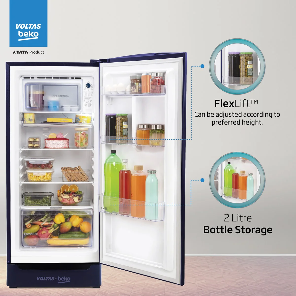 183 L 4 Star Direct Cool Single Door Refrigerator (RDC215B / W0BBR0M0000GO, Dahlia Blue, Fresh Box Technology) , Voltas Beko, A Tata Product - Image 3