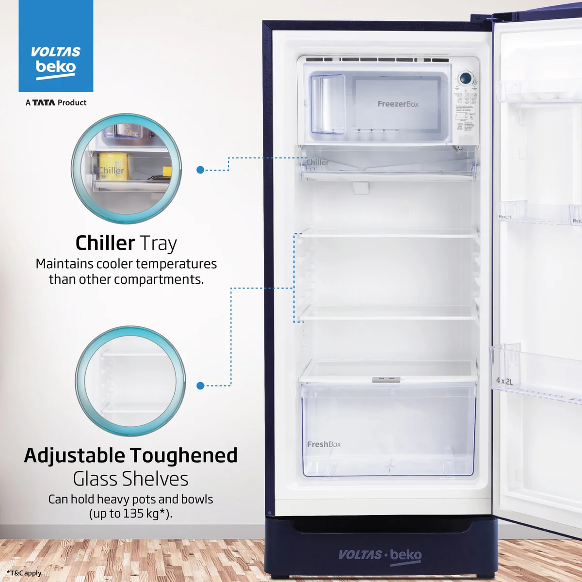 183 L 4 Star Direct Cool Single Door Refrigerator (RDC215B / W0BBR0M0000GO, Dahlia Blue, Fresh Box Technology) , Voltas Beko, A Tata Product - Image 5