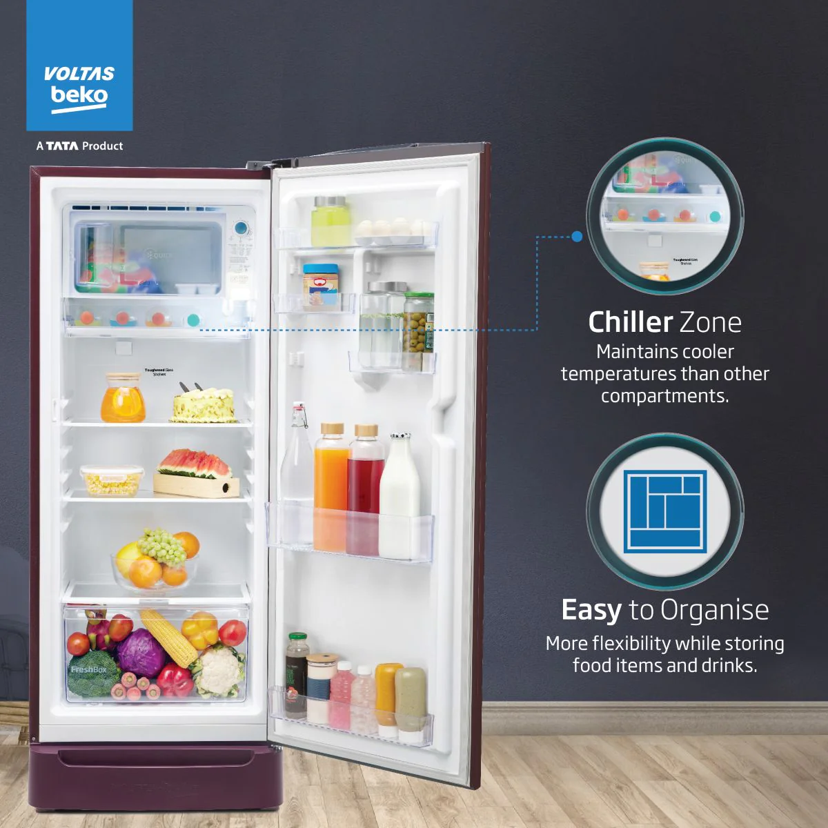 183 L 4 Star Direct Cool Single Door Refrigerator (RDC215B/W0BWR0M0B00GO, Bonita Wine, Fresh Box Technology, with Base Drawer) , Voltas Beko, A Tata Product - Image 3