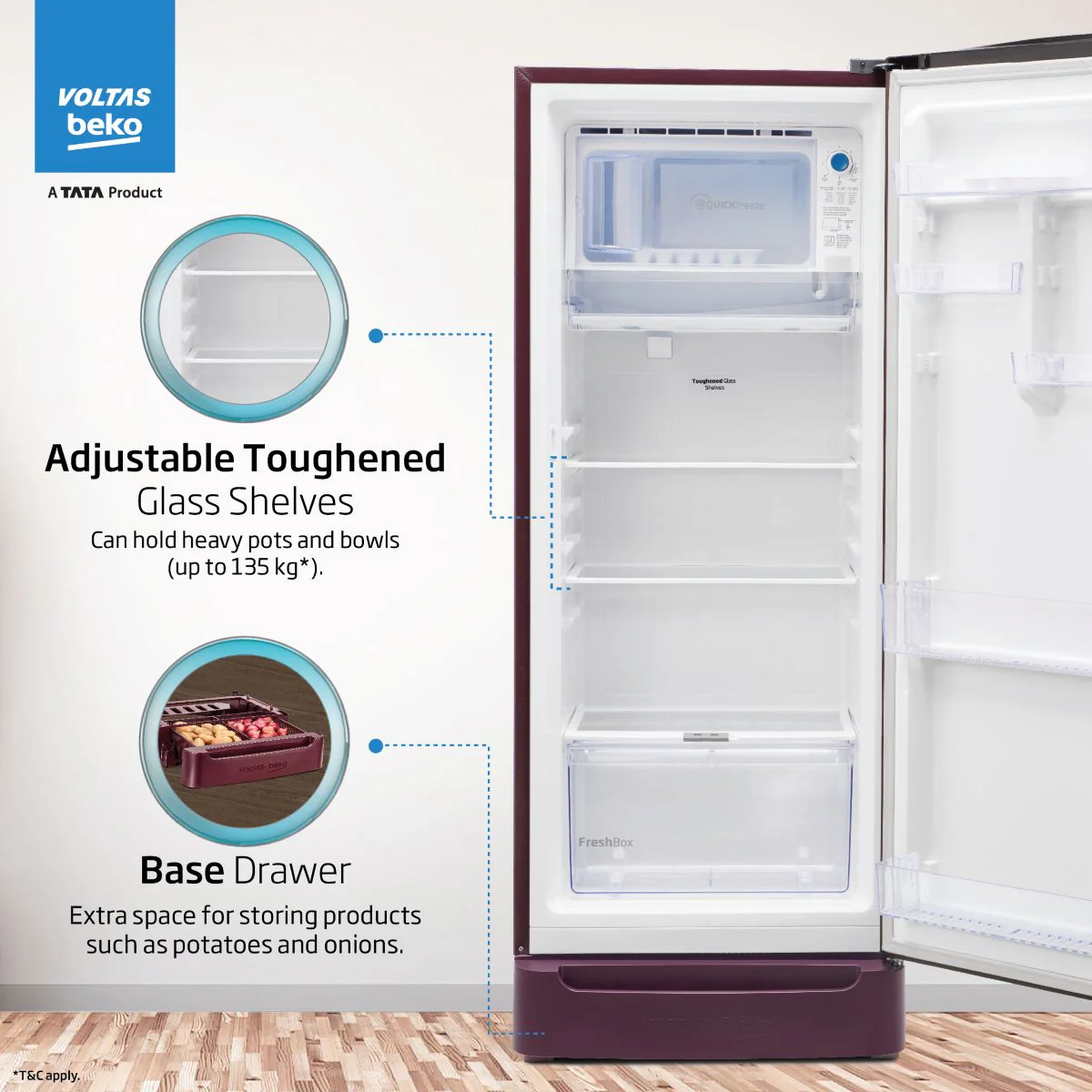 183 L 4 Star Direct Cool Single Door Refrigerator (RDC215B/W0BWR0M0B00GO, Bonita Wine, Fresh Box Technology, with Base Drawer) , Voltas Beko, A Tata Product - Image 4