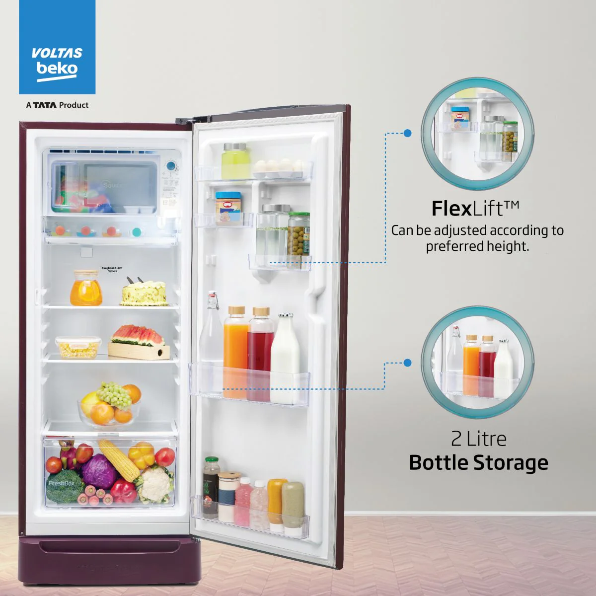 183 L 4 Star Direct Cool Single Door Refrigerator (RDC215B/W0BWR0M0B00GO, Bonita Wine, Fresh Box Technology, with Base Drawer) , Voltas Beko, A Tata Product - Image 6