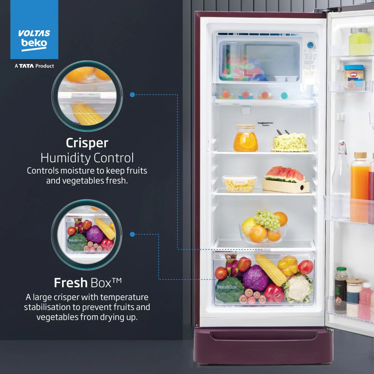 183 L 4 Star Direct Cool Single Door Refrigerator (RDC215B/W0BWR0M0B00GO, Bonita Wine, Fresh Box Technology, with Base Drawer) , Voltas Beko, A Tata Product - Image 8