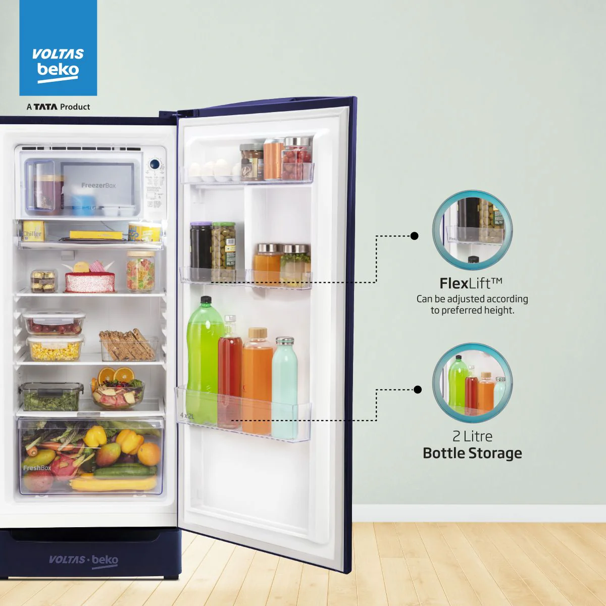 183 L 4 Star Direct Cool Single Door Refrigerator (RDC215B / W0FBR0M0B00GO, Fairy Flower Blue) , Voltas Beko, A Tata Product - Image 4