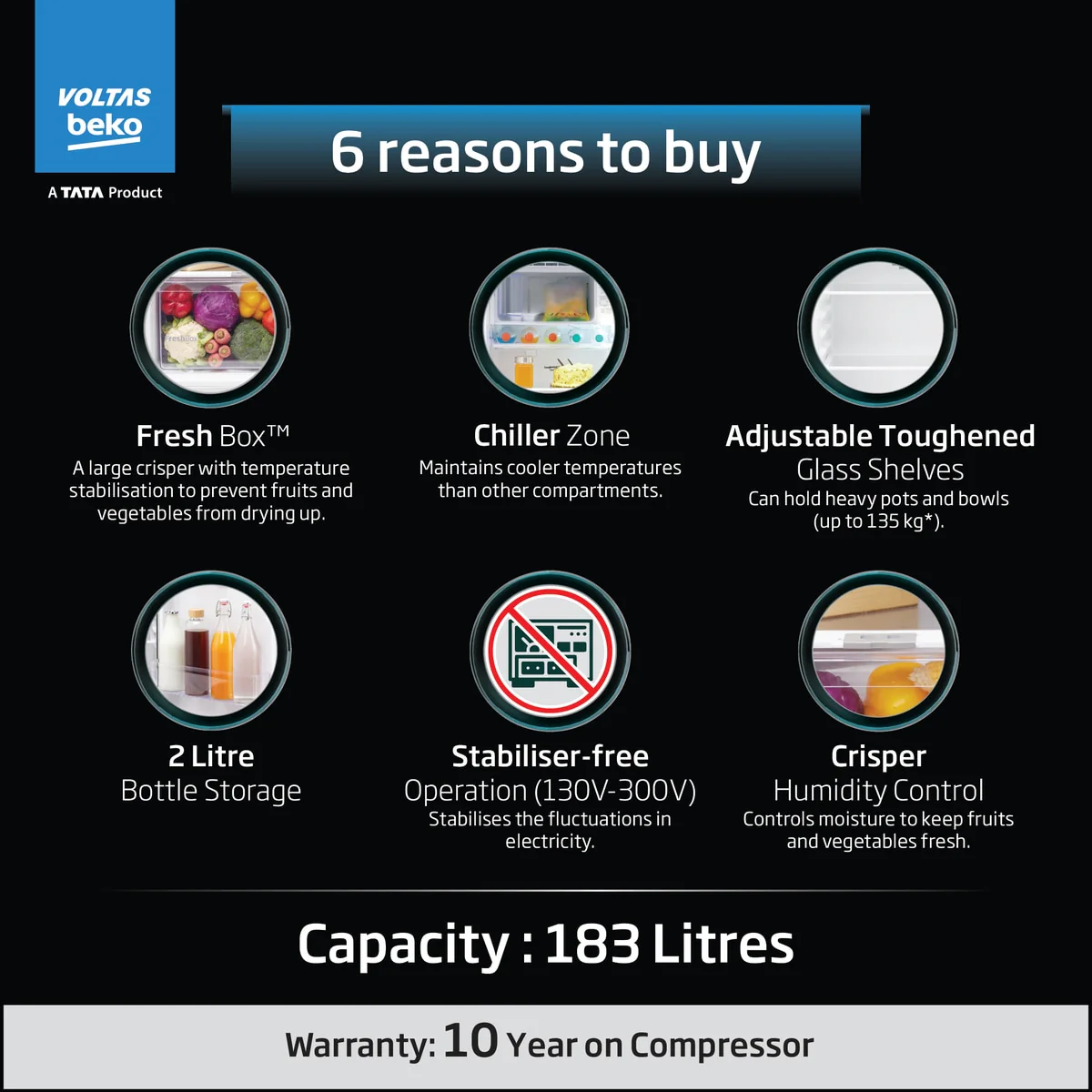 183 L 5 Star Direct Cool Single Door Refrigerator (RDC215A / W0BBRTM0000GO, Bonita Blue, Fresh Box Technology, with Quick Frezze) , Voltas Beko, A Tata Product - Image 2
