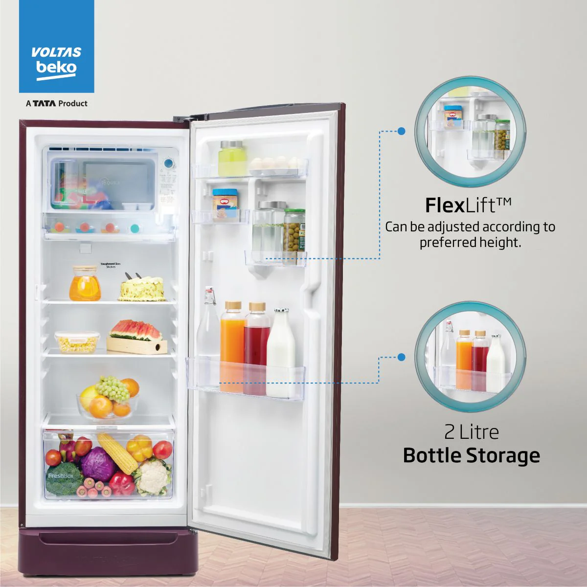 208 L 3 Star Direct Cool Single Door Refrigerator (RDC240C/W0BWR0M0B00GO, Bonita Wine, With Fresh Box Technology, Chiller Zone and Base Drawer) , Voltas Beko, A Tata Product - Image 6