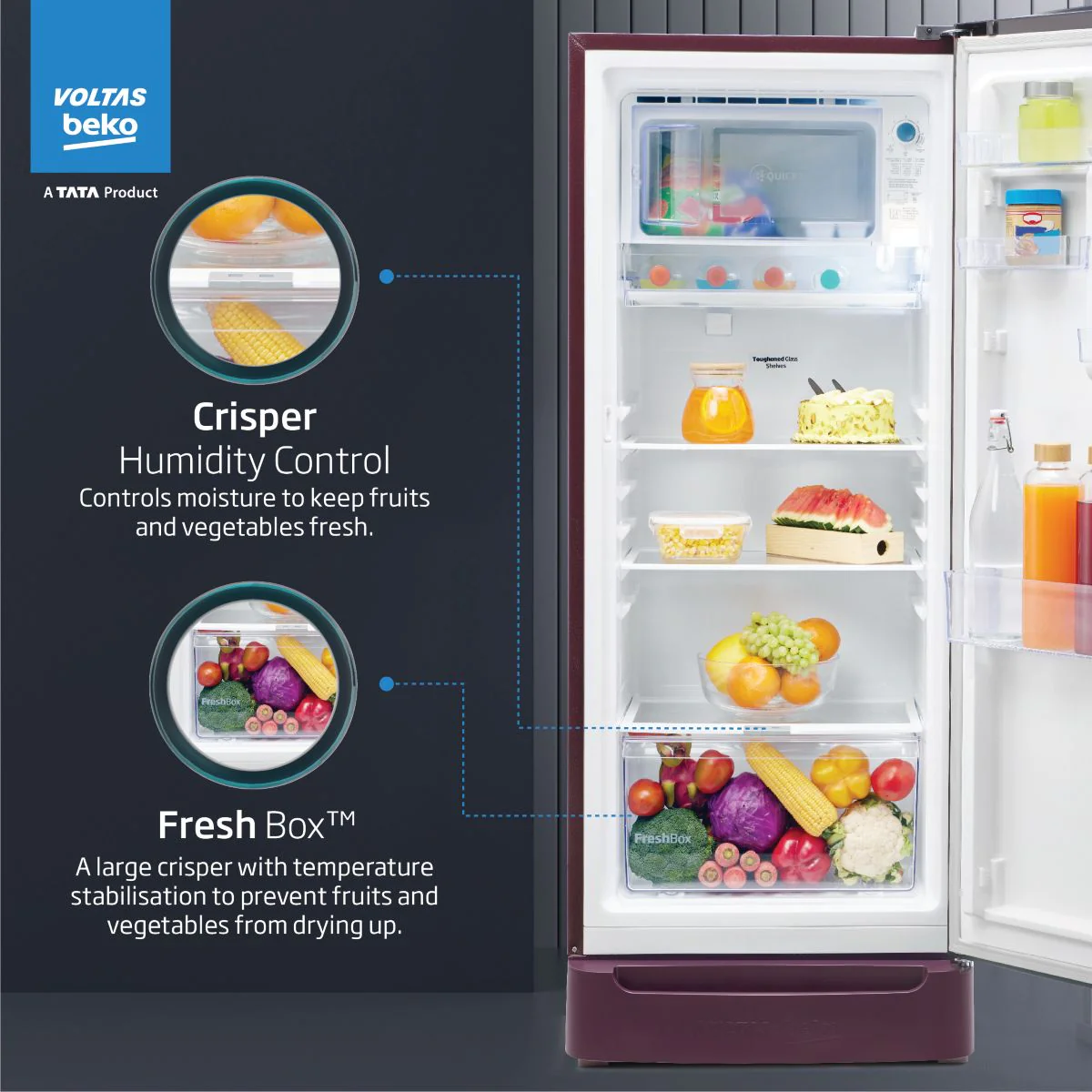 208 L 3 Star Direct Cool Single Door Refrigerator (RDC240C/W0BWR0M0B00GO, Bonita Wine, With Fresh Box Technology, Chiller Zone and Base Drawer) , Voltas Beko, A Tata Product - Image 7
