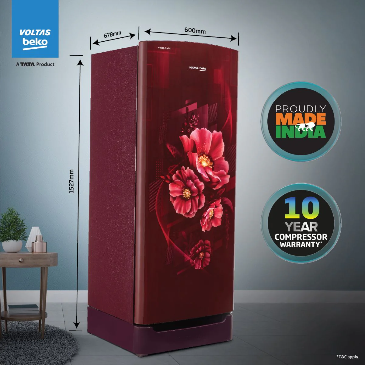 208 L 3 Star Direct Cool Single Door Refrigerator (RDC240C/W0BWR0M0B00GO, Bonita Wine, With Fresh Box Technology, Chiller Zone and Base Drawer) , Voltas Beko, A Tata Product - Image 8
