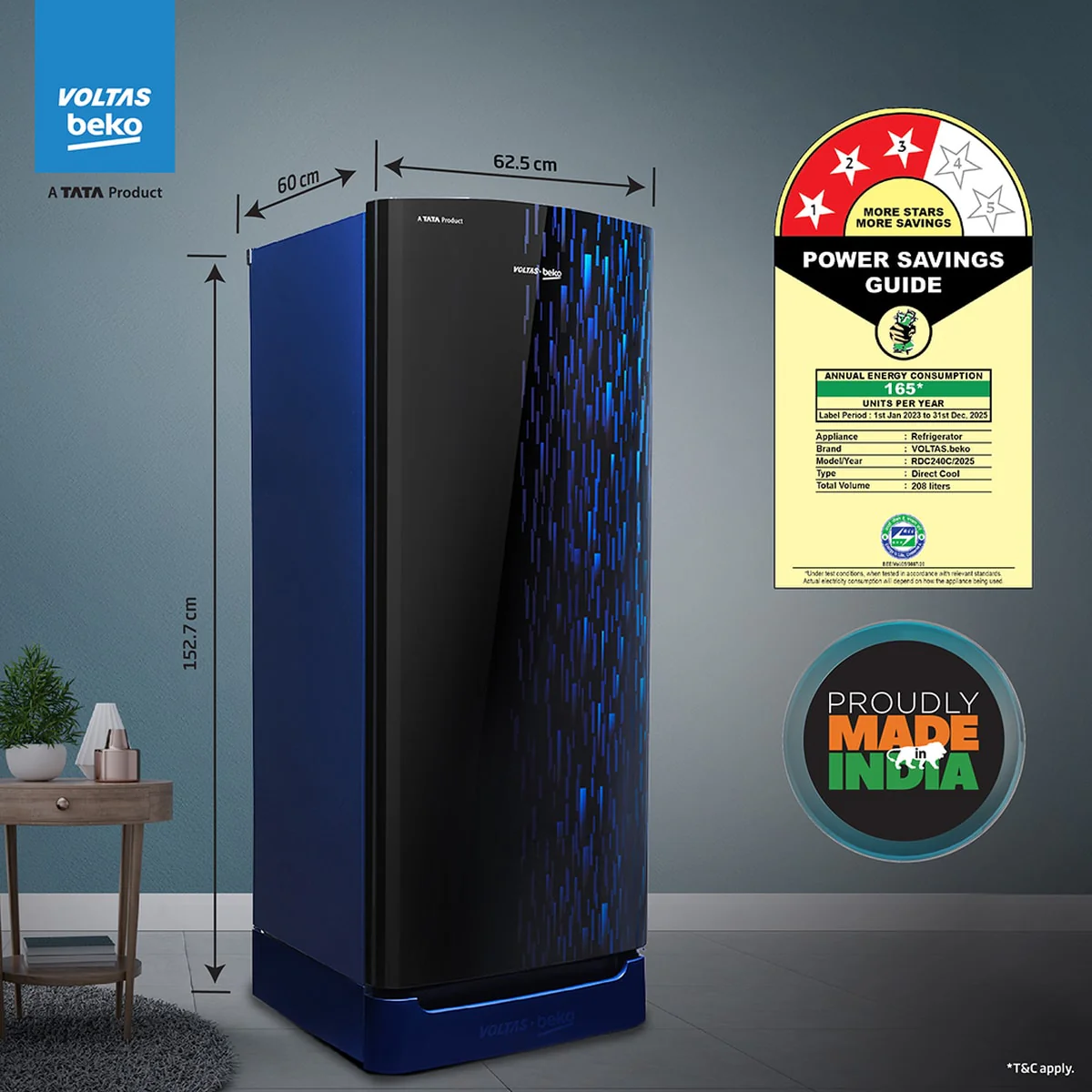 208 L 3 Star Direct Cool Single Door Refrigerator (RDC240C / W0RBR0MHB00GO, Rainy Blue) , Voltas Beko, A Tata Product - Image 6