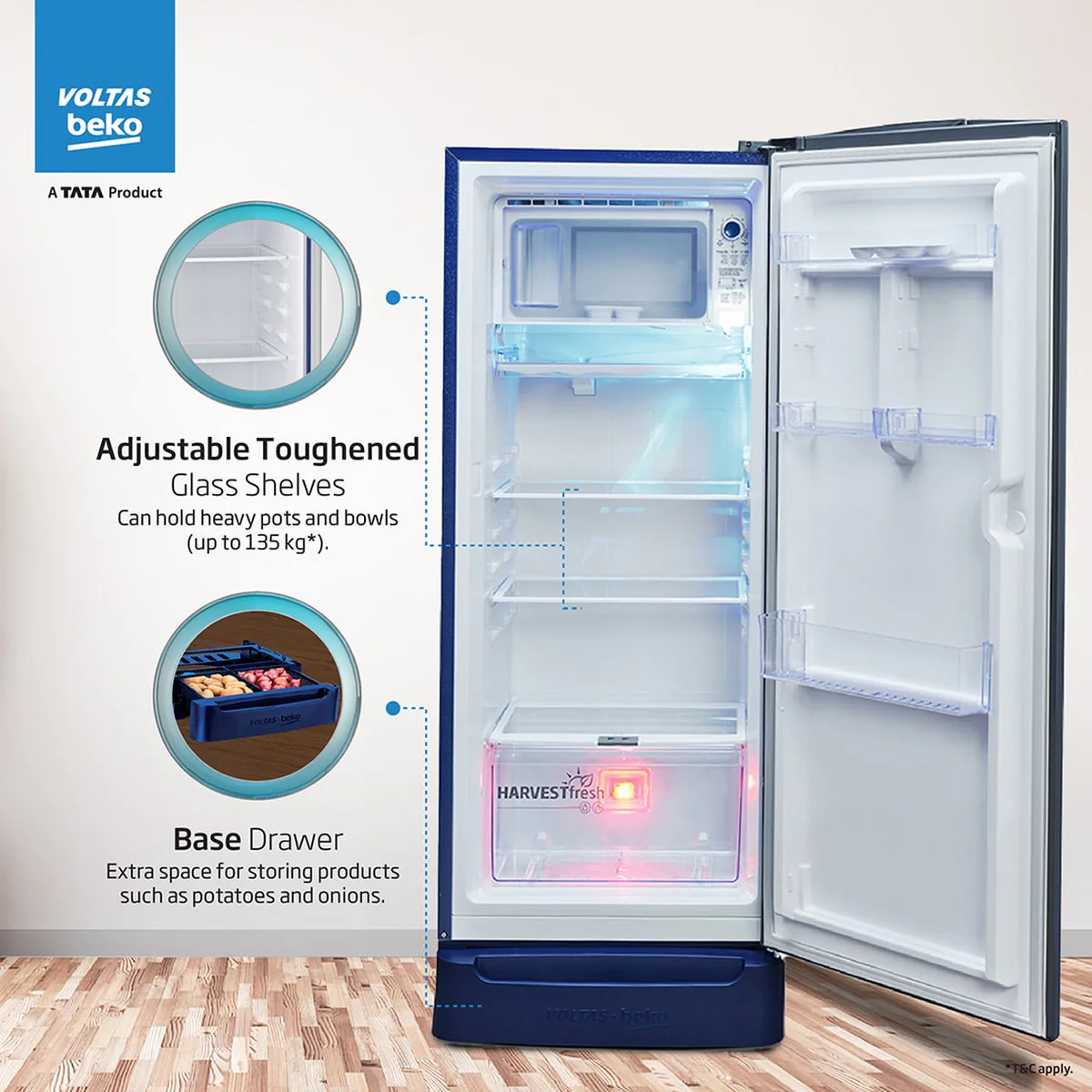 208 L 3 Star Direct Cool Single Door Refrigerator (RDC240C / W0RBR0MHB00GO, Rainy Blue) , Voltas Beko, A Tata Product - Image 7