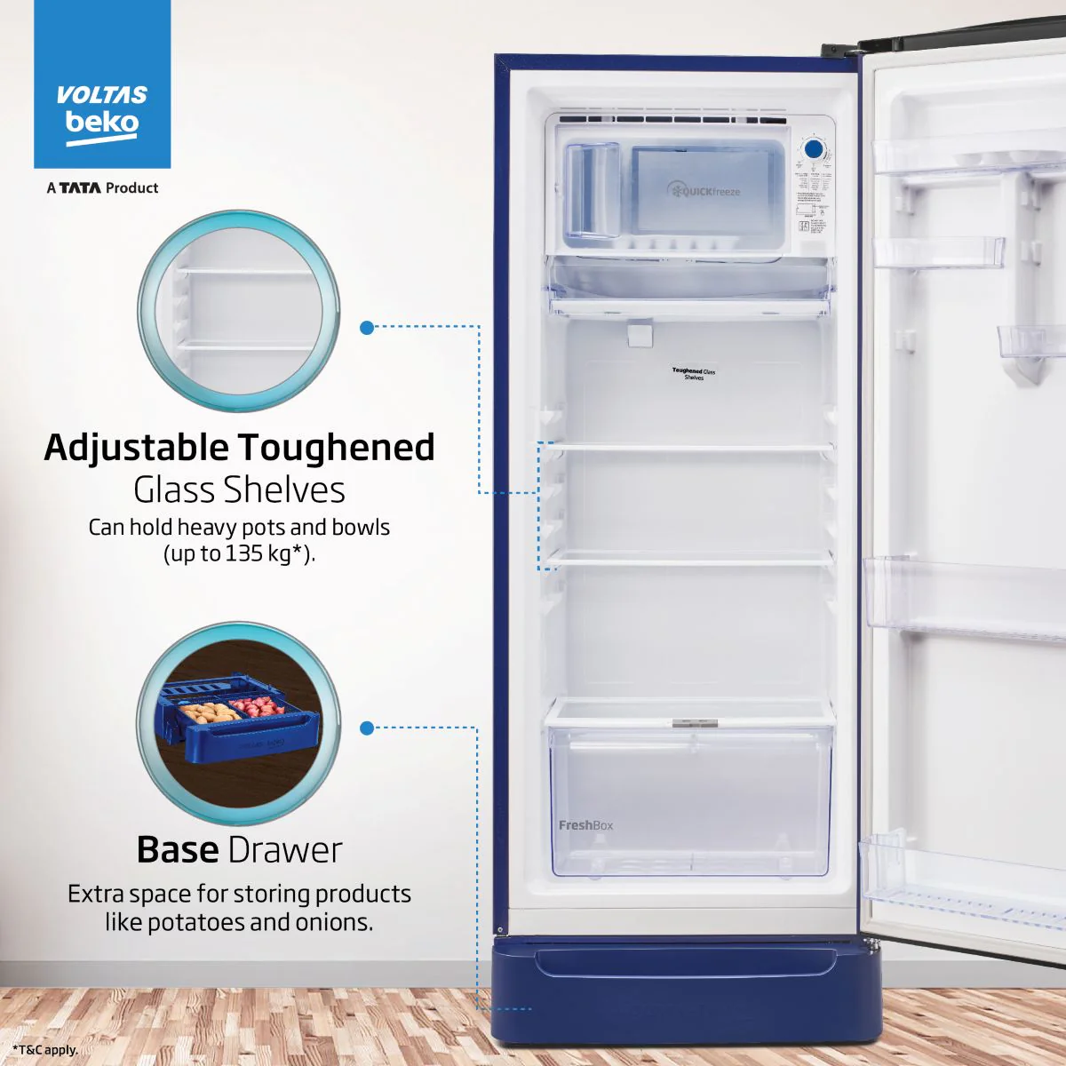 208 L 5 Star Direct Cool Single Door Refrigerator (RDC240A/W0BBRTM0B00GO, Bonita Blue, With Fresh Box Technology, Quick Frezze, Chiller Zone and Base Drawer) , Voltas Beko, A Tata Product - Image 4