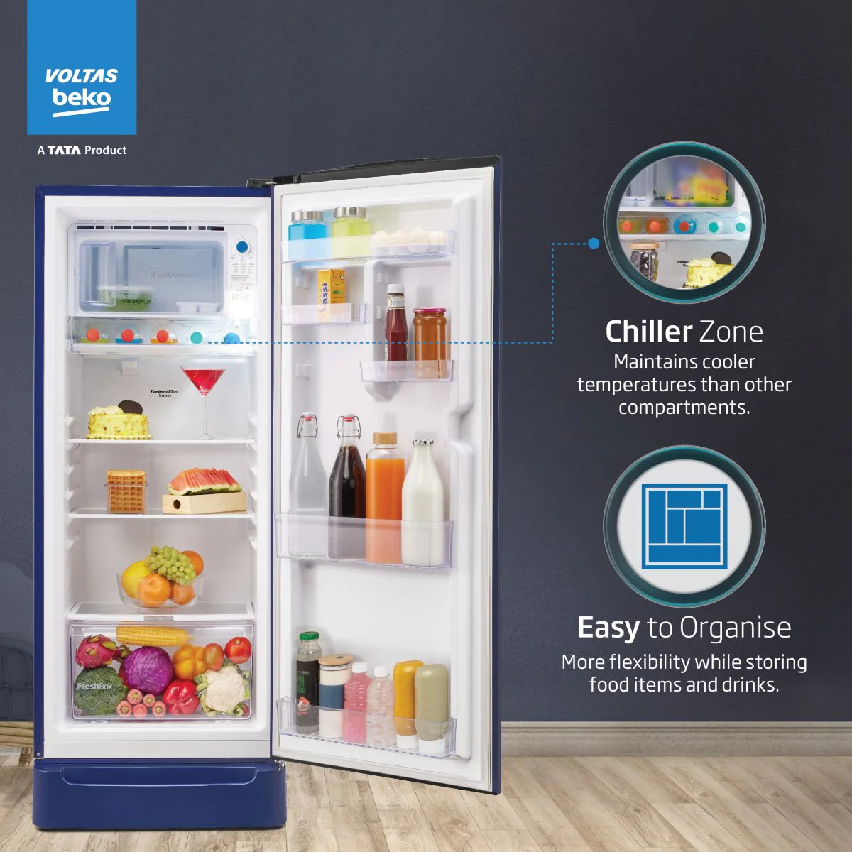 208 L 5 Star Direct Cool Single Door Refrigerator (RDC240A/W0BBRTM0B00GO, Bonita Blue, With Fresh Box Technology, Quick Frezze, Chiller Zone and Base Drawer) , Voltas Beko, A Tata Product - Image 8