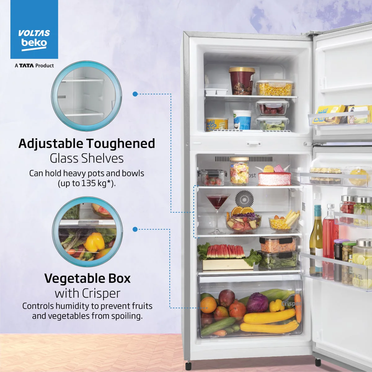 228 L 2 Star Made in India Frost Free Double Door Refrigerator (RFF265D/W0XIR0I0000GO, Brushed Silver, Neo Frost Dual Cooling Technology) , Voltas Beko, A Tata Product - Image 3