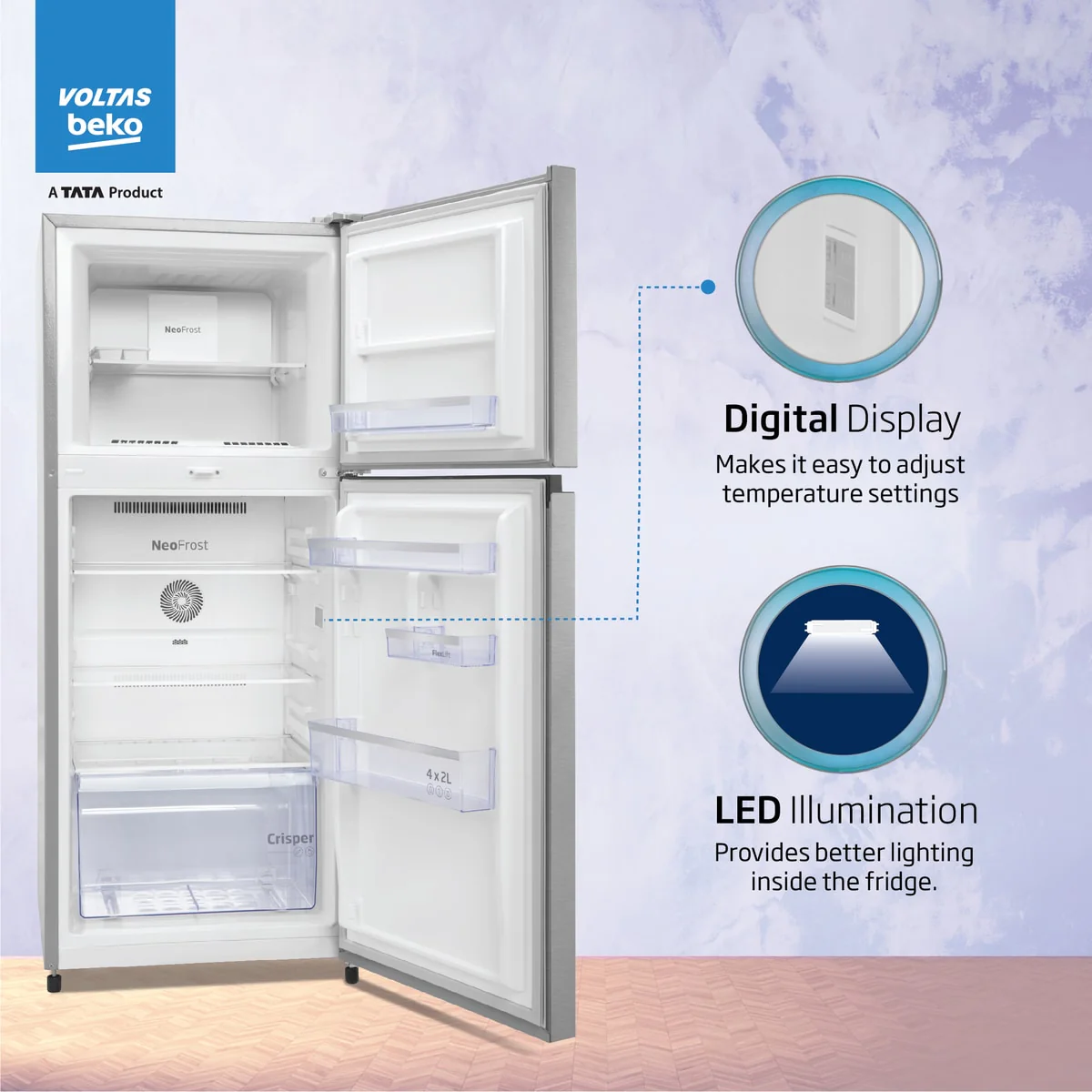 228 L 2 Star Made in India Frost Free Double Door Refrigerator (RFF265D/W0XIR0I0000GO, Brushed Silver, Neo Frost Dual Cooling Technology) , Voltas Beko, A Tata Product - Image 5