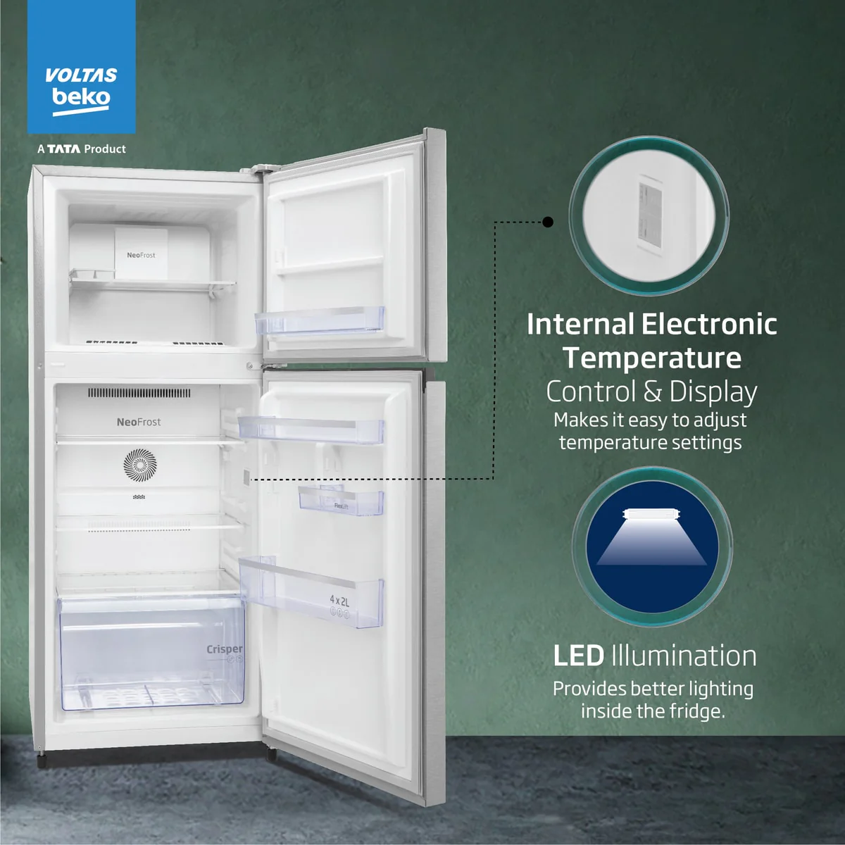 228 L 3 Star Frost Free Double Door Refrigerator (RFF265C/WPXIR0I0000GO, Brushed Silver, with Pro smart Inverter Compressor) , Voltas Beko, A Tata Product - Image 3