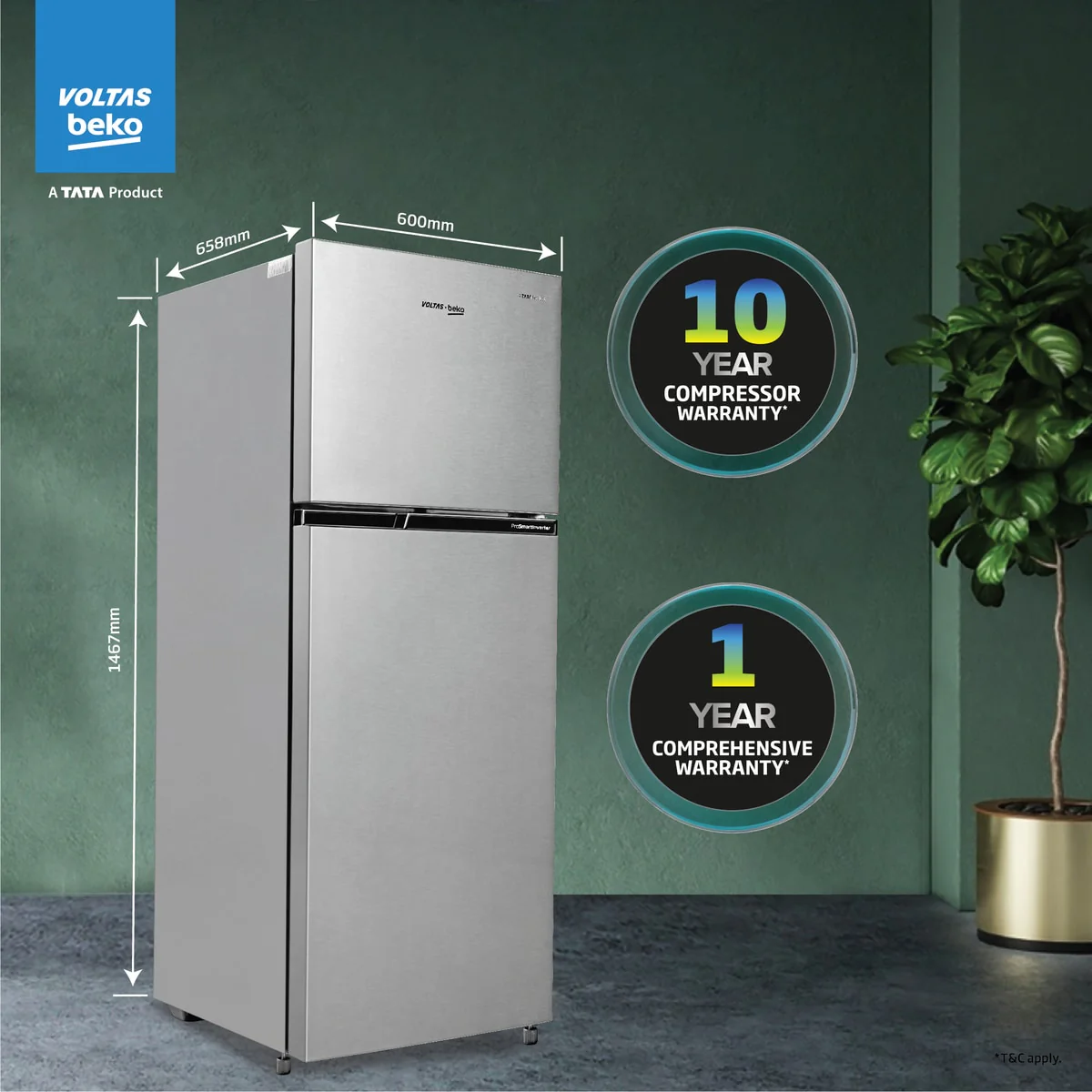 228 L 3 Star Frost Free Double Door Refrigerator (RFF265C/WPXIR0I0000GO, Brushed Silver, with Pro smart Inverter Compressor) , Voltas Beko, A Tata Product - Image 4