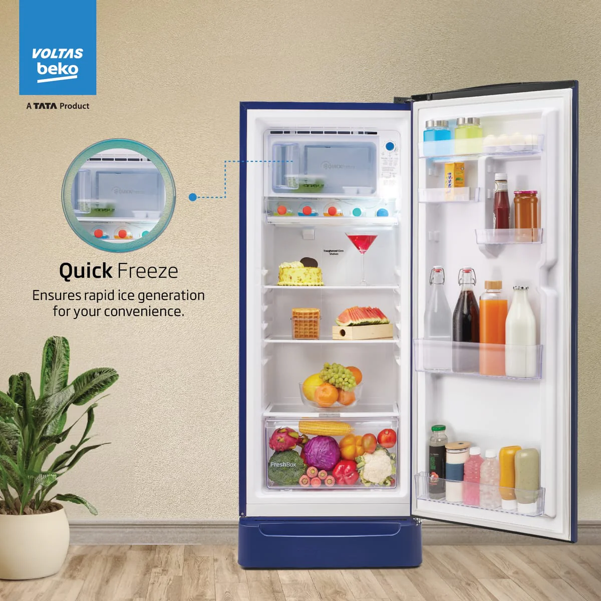 228 L 5 Star Direct Cool Single Door Refrigerator (RDC260A/W0BBRTM0B00GO, Bonita Blue, With Fresh Box Technology, Quick Frezze, Chiller Zone and Base Drawer) , Voltas Beko, A Tata Product - Image 3