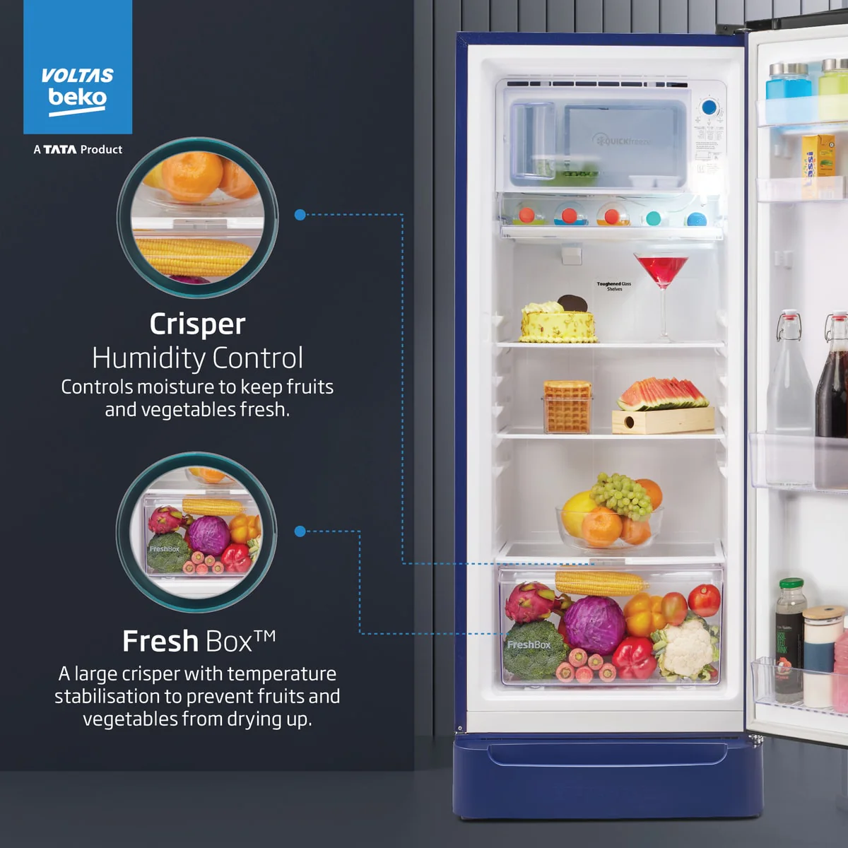 228 L 5 Star Direct Cool Single Door Refrigerator (RDC260A/W0BBRTM0B00GO, Bonita Blue, With Fresh Box Technology, Quick Frezze, Chiller Zone and Base Drawer) , Voltas Beko, A Tata Product - Image 6