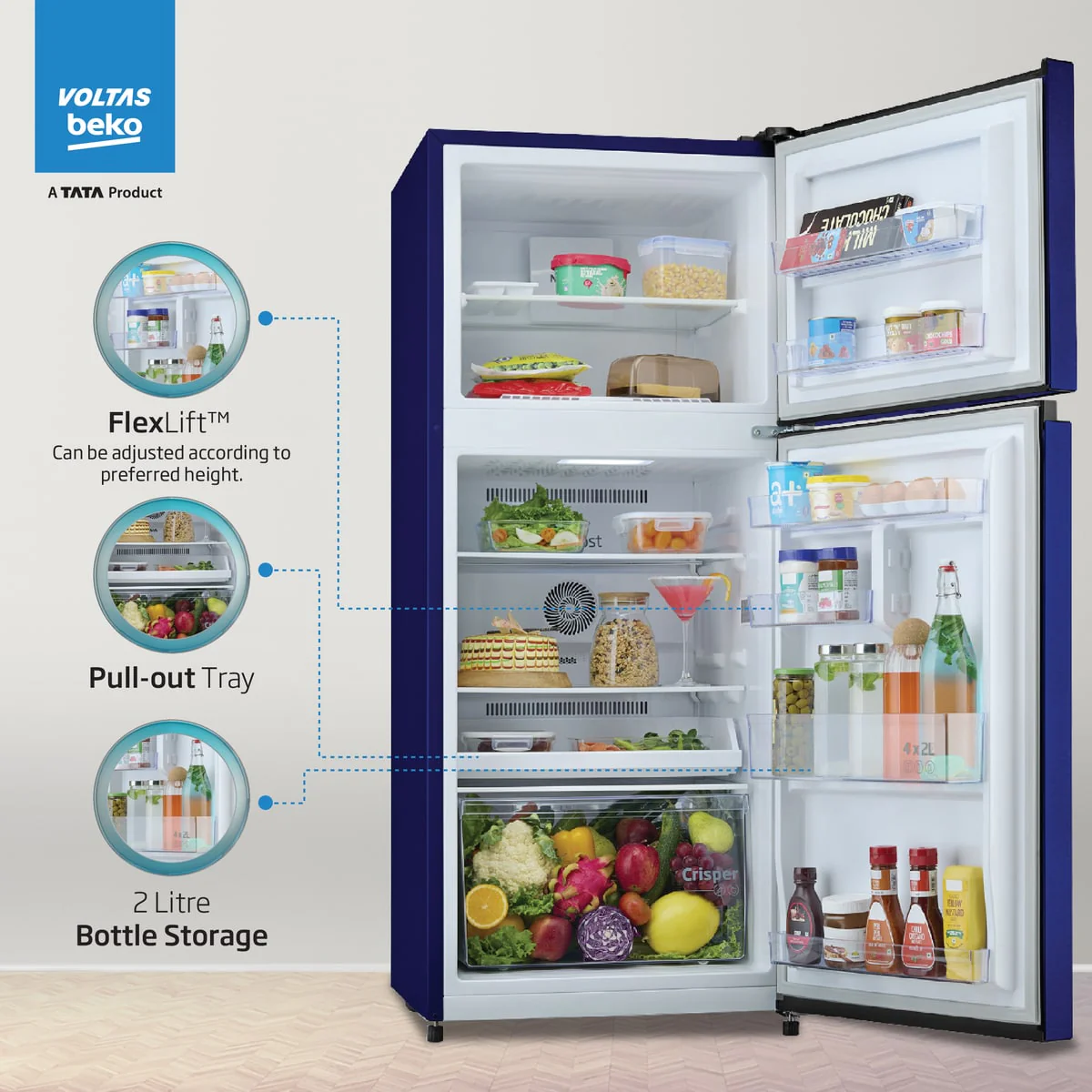 243 L 2 Star Double Door Refrigerator (RFF280D/WPV100RMBO, Moonlight Blue) , Voltas Beko, A Tata Product - Image 3