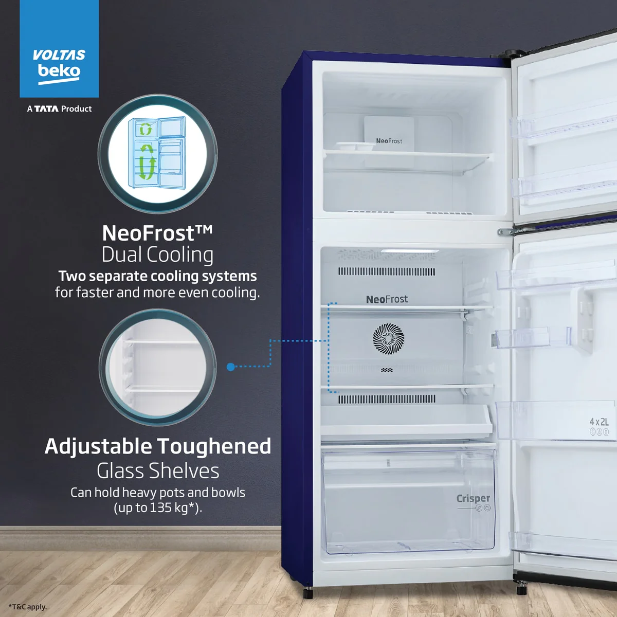243 L 2 Star Double Door Refrigerator (RFF280D/WPV100RMBO, Moonlight Blue) , Voltas Beko, A Tata Product - Image 6