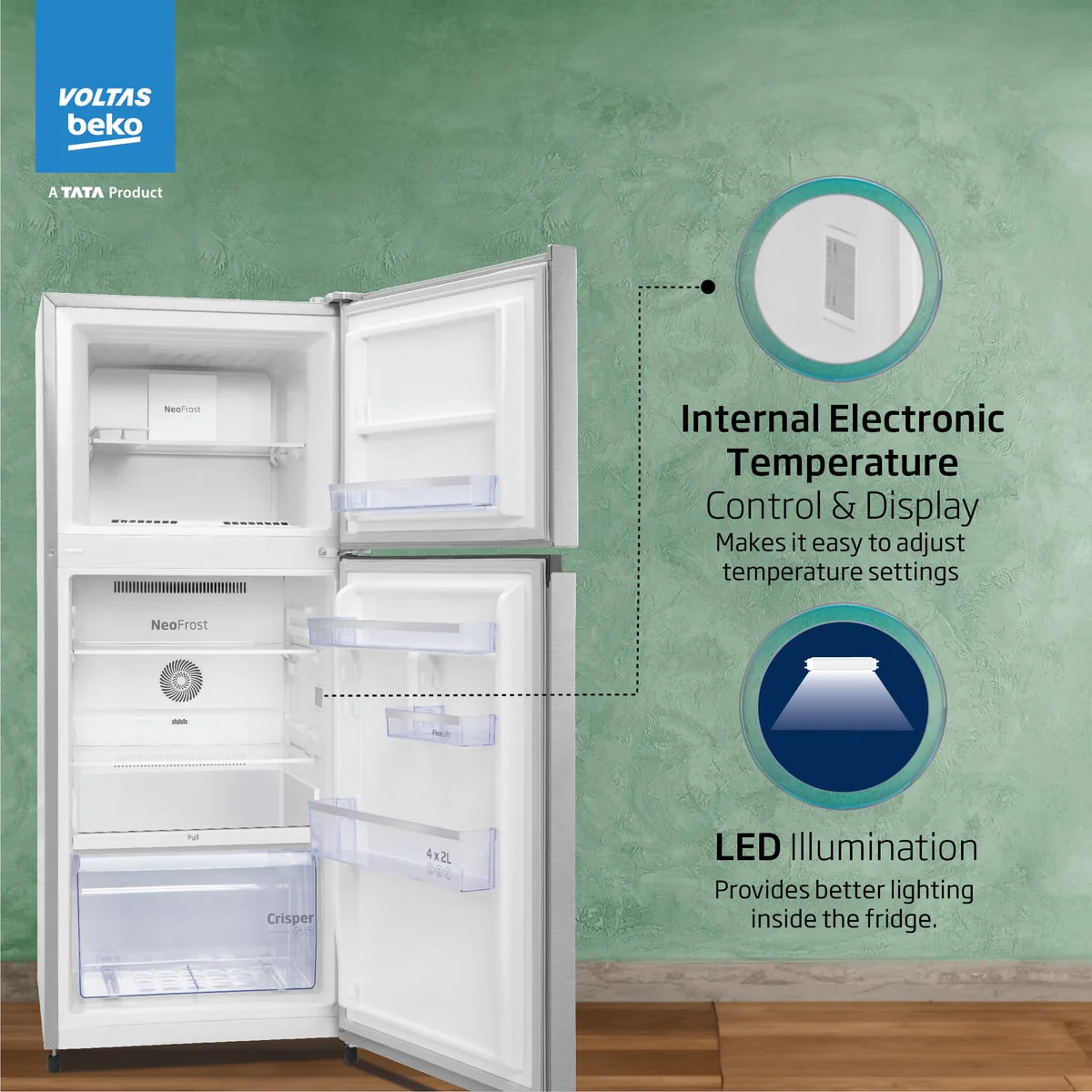 248 L 2 Star Frost Free Double Door Refrigerator (RFF285D/W0XIR0I0000GO, Brushed Silver, with Neo Frost Dual Cooling Technology) , Voltas Beko, A Tata Product - Image 5