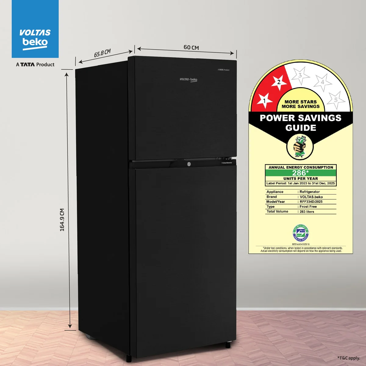 283 L 2 Star 6-in-1 Adjustable Frost Free Inverter Double-Door Refrigerator (RFF334D/WPV100RXBD, Wooden Black) , Voltas Beko, A Tata Product - Image 4