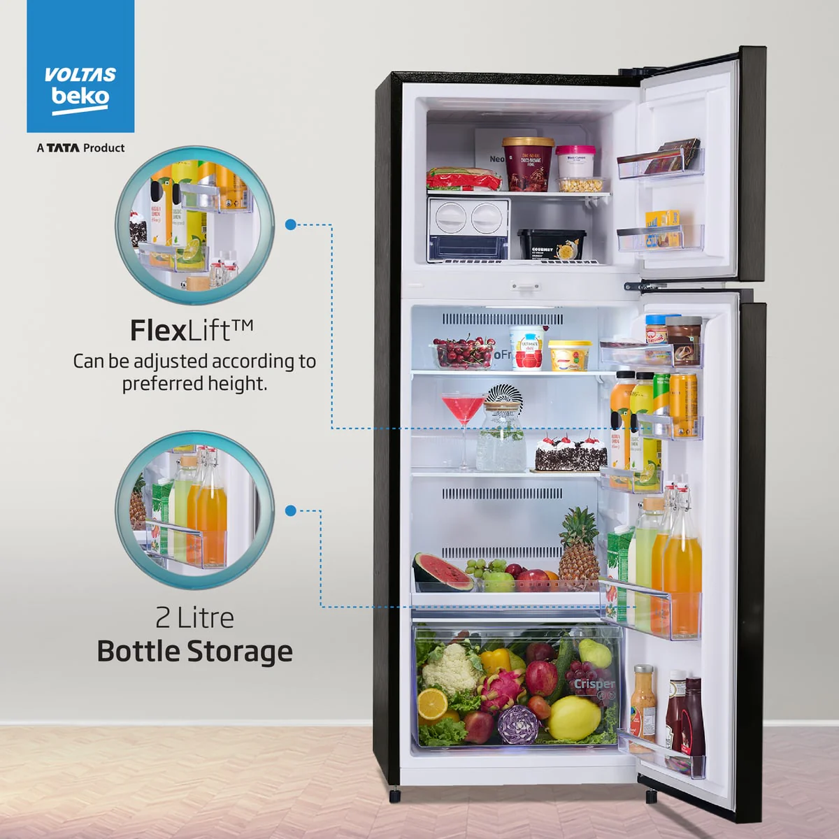 283 L 2 Star 6-in-1 Adjustable Frost Free Inverter Double-Door Refrigerator (RFF334D/WPV100RXBD, Wooden Black) , Voltas Beko, A Tata Product - Image 5
