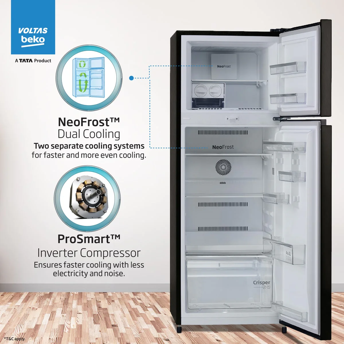 283 L 2 Star 6-in-1 Adjustable Frost Free Inverter Double-Door Refrigerator (RFF334D/WPV100RXBD, Wooden Black) , Voltas Beko, A Tata Product - Image 6