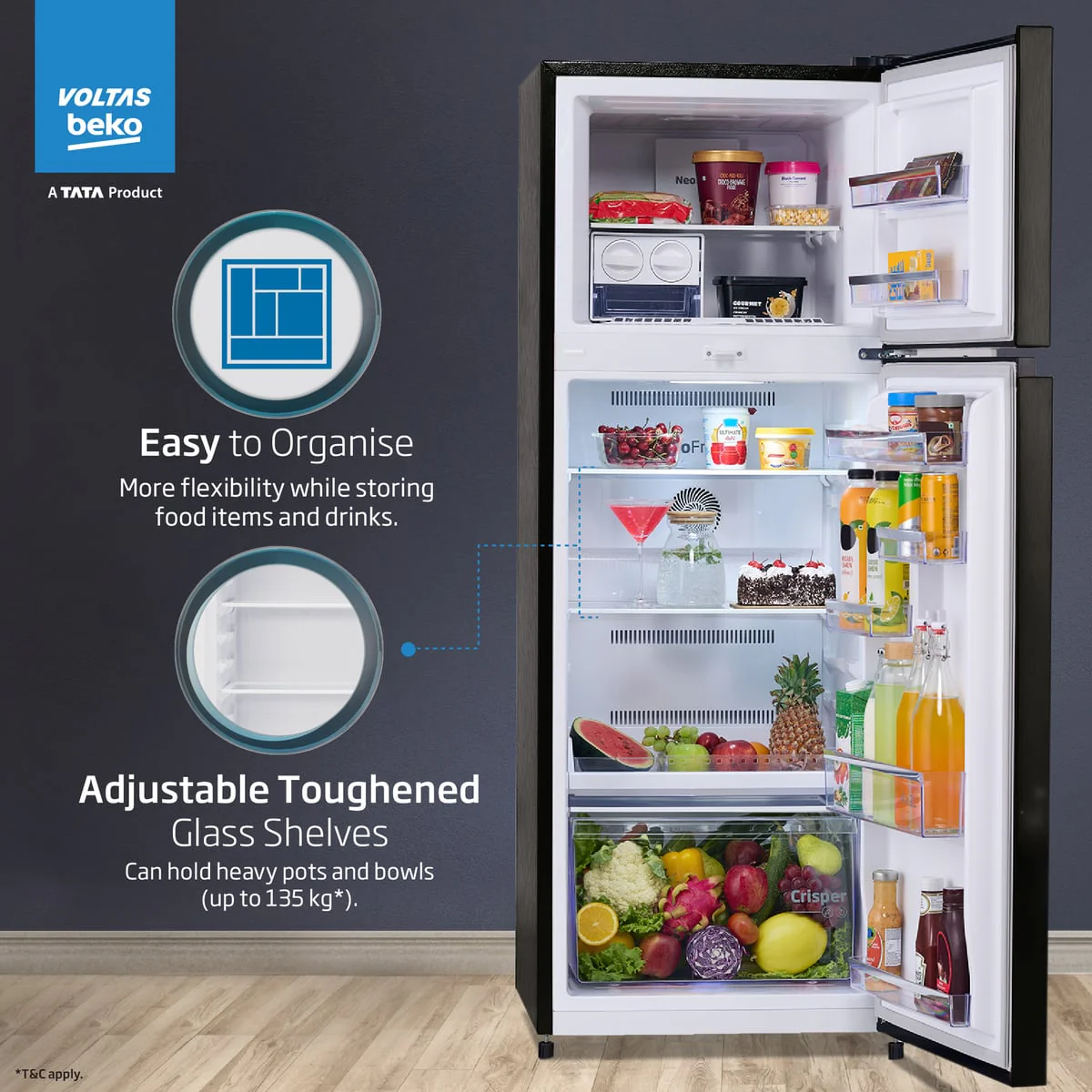 283 L 2 Star 6-in-1 Adjustable Frost Free Inverter Double-Door Refrigerator (RFF334D/WPV100RXBD, Wooden Black) , Voltas Beko, A Tata Product - Image 8