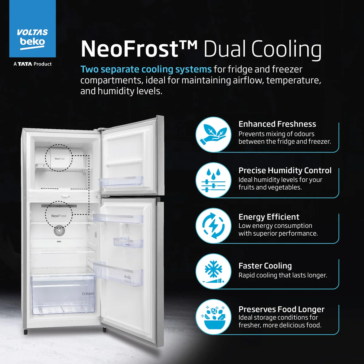283 L 2 Star Frost Free Inverter Double-Door Refrigerator (RFF334D/WPV100RXID, Brushed Silver, with NeoFrost Dual Cooling Technology) , Voltas Beko, A Tata Product - Image 3