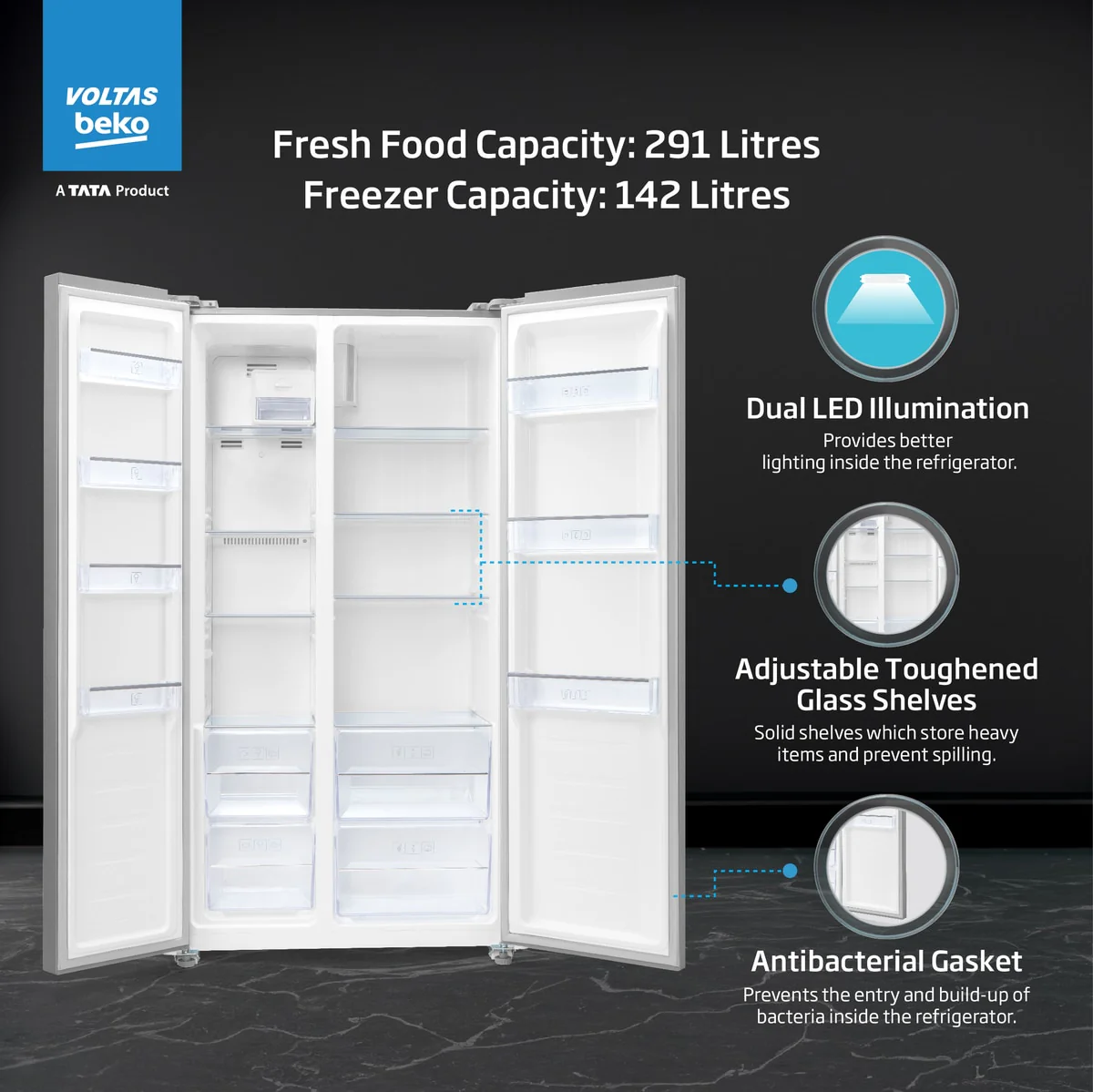 472 L Frost Free Side by Side Refrigerator (RSB495/FPV300RXID, Inox Steel, Electronic Temperature Control and Display, with ProSmart Inverter Compressor) , Voltas Beko, A Tata Product - Image 3