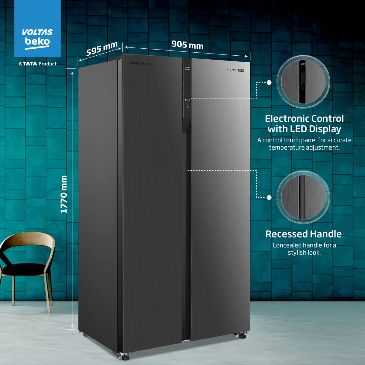 472 L Frost Free Side by Side Refrigerator (RSB495/FPV300RXID, Inox Steel, Electronic Temperature Control and Display, with ProSmart Inverter Compressor) , Voltas Beko, A Tata Product - Image 4