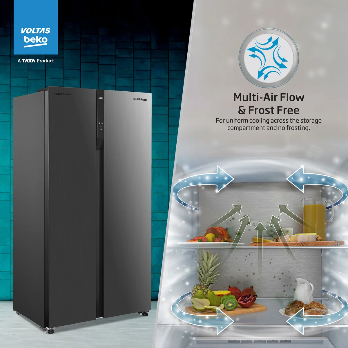 563 L Frost Free Side by Side Refrigerator with ProSmart Inverter Compressor (RSB585/FPV300RXID, Inox steel, Active Fresh Blue Light) , Voltas Beko, A Tata Product - Image 12
