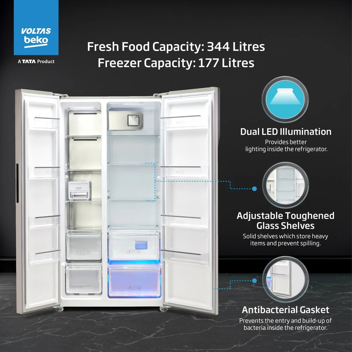563 L Frost Free Side by Side Refrigerator with ProSmart Inverter Compressor (RSB585/FPV300RXID, Inox steel, Active Fresh Blue Light) , Voltas Beko, A Tata Product - Image 13
