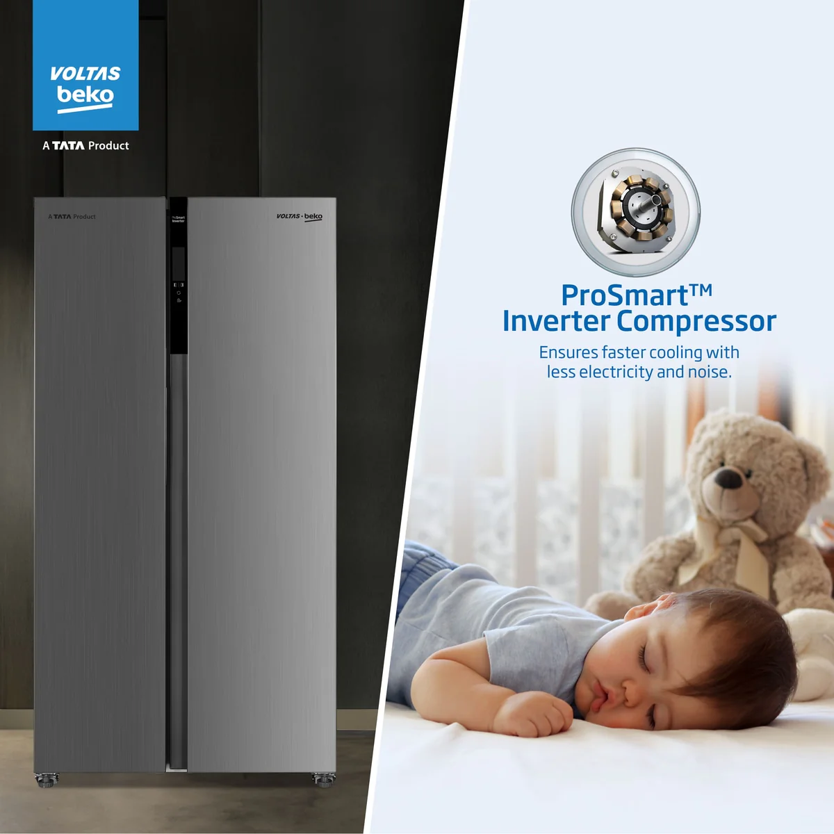 563 L Frost Free Side by Side Refrigerator with ProSmart Inverter Compressor (RSB585/FPV300RXID, Inox steel, Active Fresh Blue Light) , Voltas Beko, A Tata Product - Image 3