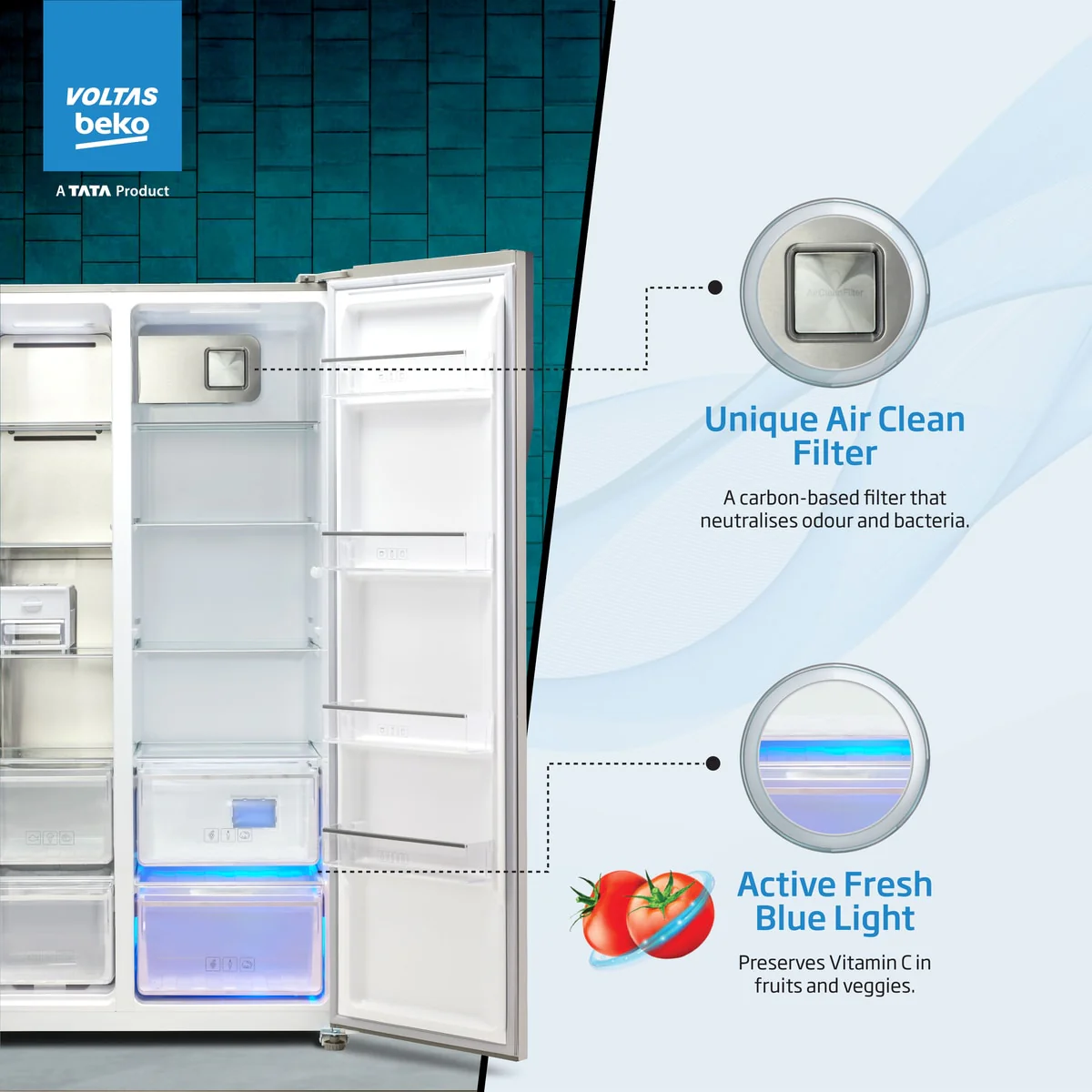 563 L Frost Free Side by Side Refrigerator with ProSmart Inverter Compressor (RSB585/FPV300RXID, Inox steel, Active Fresh Blue Light) , Voltas Beko, A Tata Product - Image 4