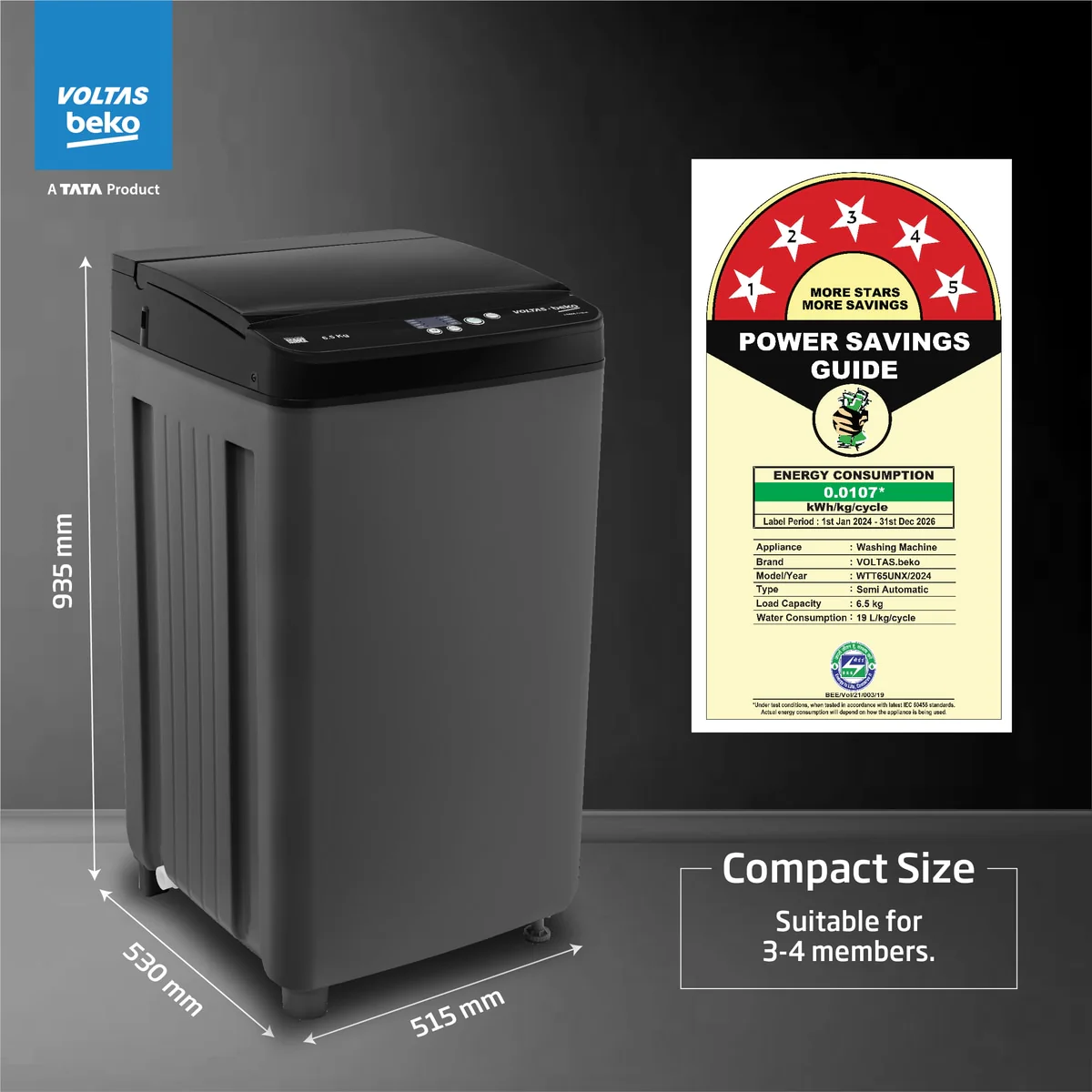 6.5 Kg 5 Star Fully-Automatic Top Loading Washing Machine (WTL6504UEA/OBS2P10 Eco-Series,Dark Grey, Pulsator wash and Double waterfall technology) , Voltas Beko, A Tata Product - Image 5