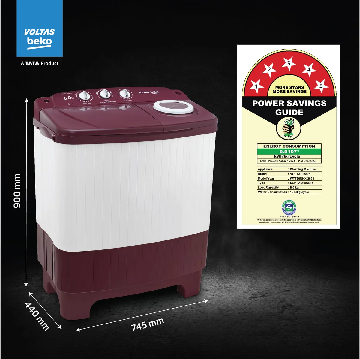 6 Kg 5 Star Semi-Automatic Top Load Washing Machine With Air Dry (WTT60UNX/OK3R0R0W01, Burgundy, Special Pulsator Technology) , Voltas Beko, A Tata Product - Image 4