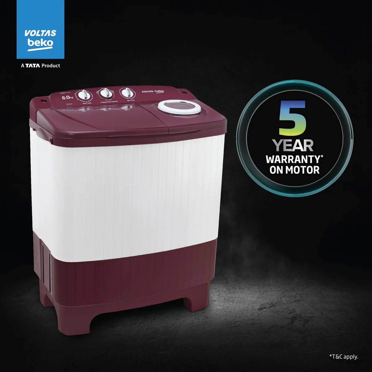 6 Kg 5 Star Semi-Automatic Top Load Washing Machine With Air Dry (WTT60UNX/OK3R0R0W01, Burgundy, Special Pulsator Technology) , Voltas Beko, A Tata Product - Image 9